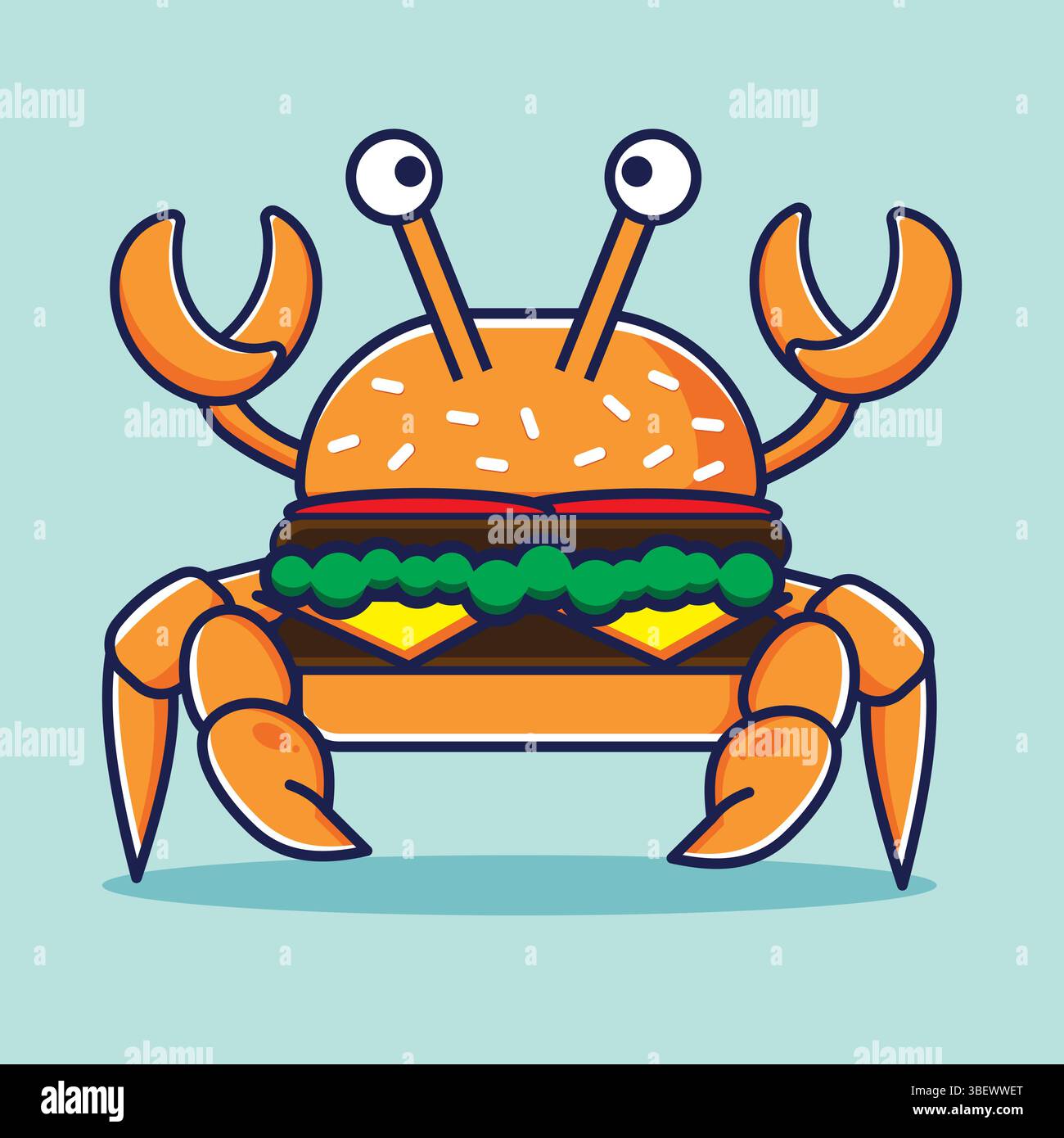 Semplice hamburger, divertente illustrazione piatta, con sfondo luminoso. Adatto per logo, mascotte e icone Illustrazione Vettoriale