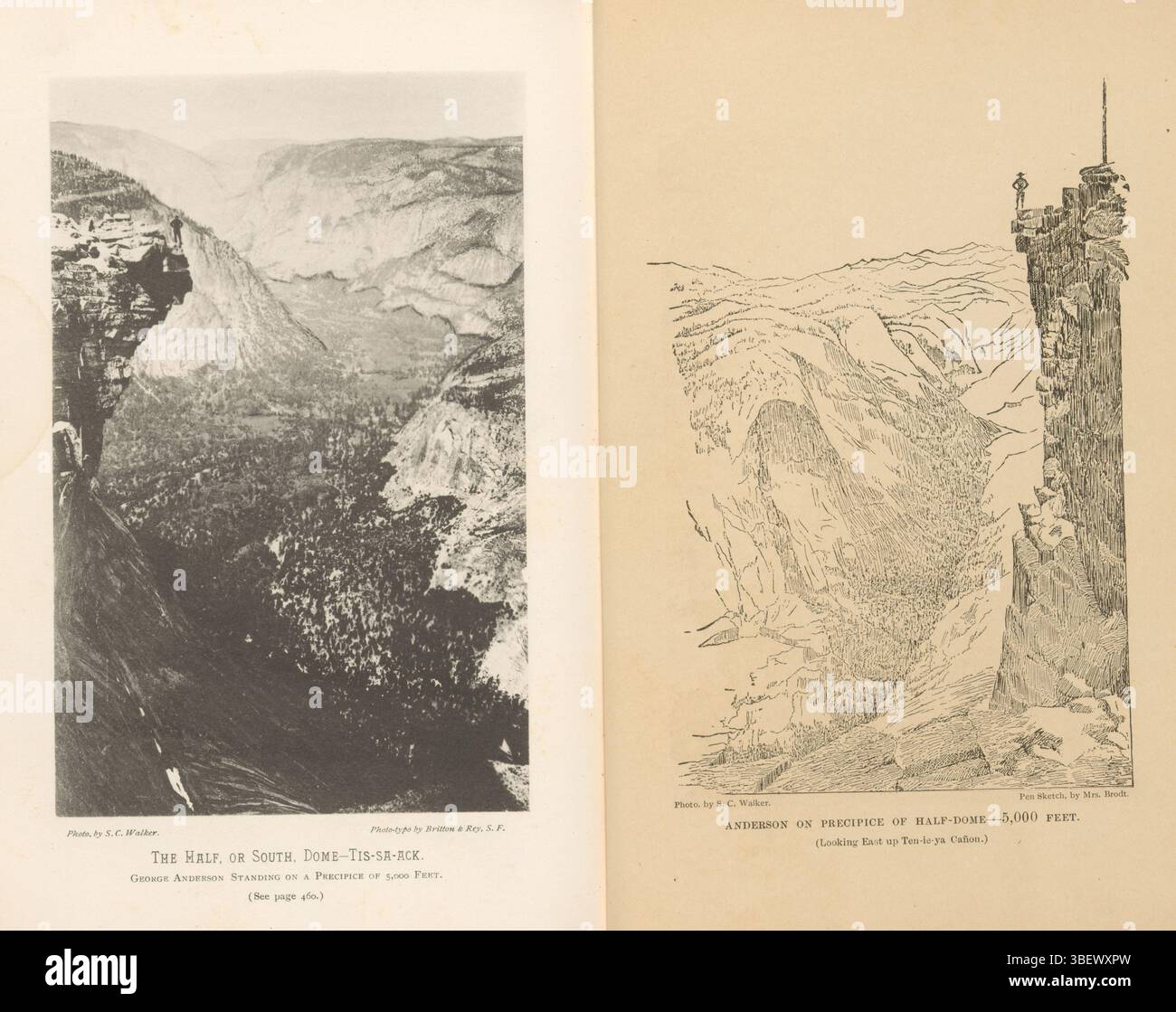 San Francisco, Britton e Rey, Yosemite Valley, Walker, S.C. The Half, or South, Dome - Tis-sa-ack, Man at a summit of the Half Dome nella Yosemite Valley, California, stampa fotografica, pagina, foto, libri fotografici illustrati, George Anderson Standing on a Precipice of 5, 000 piedi./ (vedere pagina 460.), altezza 160 mm, larghezza 102 mm, americano, fotografo, 1881 - 1886, carta, tipo collage, stampa leggera, creatore di clichémaker Foto Stock