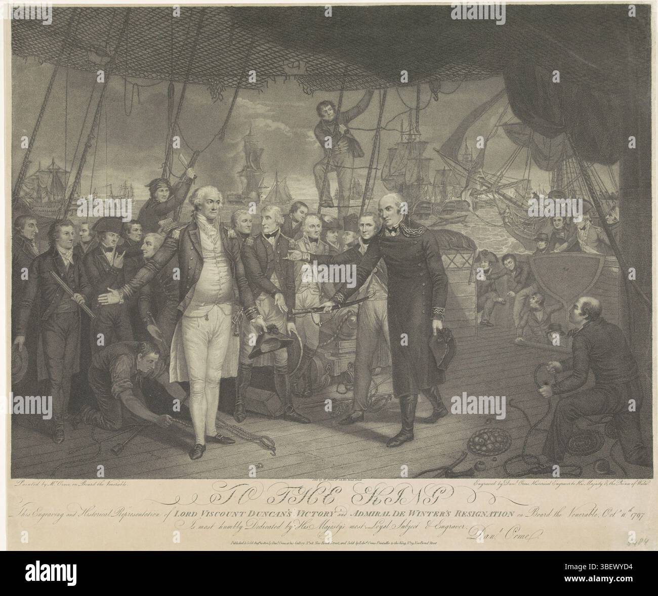 Londra, orme, Edward, Londra, Daniel, al Re questa incisione e rappresentazione storica della Vittoria del Lord Visconte Duncan e delle dimissioni dell'ammiraglio De Winter a bordo del Venerabile, Octr. 11th 1797, resa di De Winter dopo la battaglia di Kamperduin, 1797, timbrata verso, resa del vice ammiraglio Jan Willem de Winter all'ammiraglio Adam Duncan a bordo della nave da guerra britannica The Venerable, l'11 ottobre 1797 dopo la battaglia persa a Kamperduin. De Winter presenta la sua sciabola a Duncan., stampa, Frederik Muller History plates, altezza 500 mm, larghezza 588 mm, inglese, 1766 - 1802, stampatrice, 1800- Foto Stock