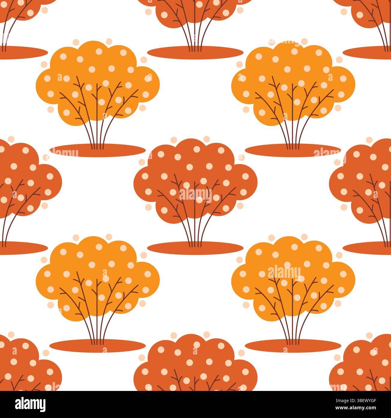 Foresta autunnale con alberi di arancio e marrone. Sfondo autunnale. Motivo senza cuciture con corone di boccole gialle. Stampa naturale d'autunno, grafica vettoriale Illustrazione Vettoriale