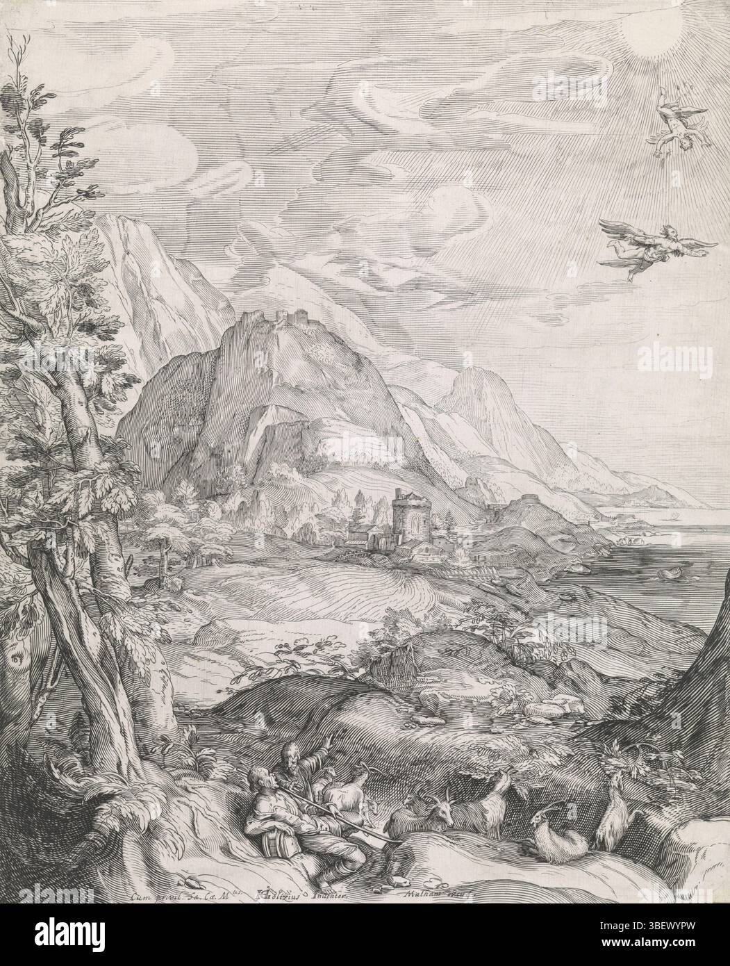 Rodolfo II d'Asburgo (imperatore tedesco), Haarlem, Matham, Jacob, Goltzius, Hendrick, Gauw, Gerrit, paesaggio con la caduta di Icaro, verso sinistra - stampato, in un vasto paesaggio collinare pastori con il loro gregge osservate come Icaro vola troppo vicino al sole. Il calore scioglie le ali, facendole cadere a terra. Suo padre Daedalus vola sotto di lui, stampa, altezza 441 mm, larghezza 354 mm, Noord-Nederlands, 1571-10-15 - 1631-01-20, stampatore, 1603 - 1603, carta, incisione, incisione (processo di stampa), - 1638-01-26, concezione del lavoro, 1558-01 - 1617-01-01-01, dopo la progettazione, pubblicazione (evento), Publ Foto Stock