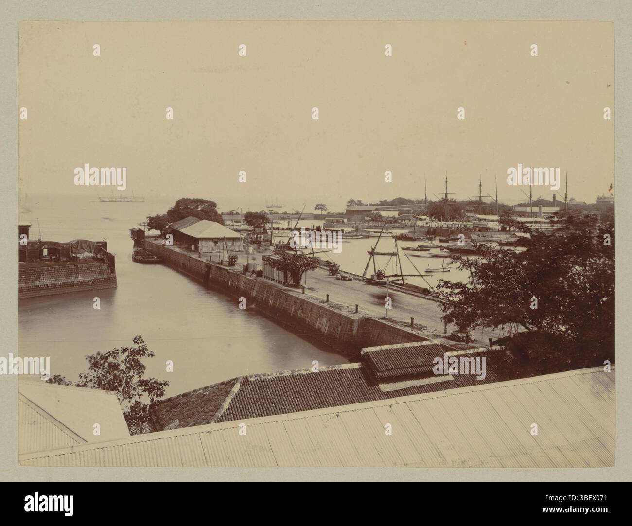Bombay, Stewart, F.B., Vista dei moli nel porto di Bombay, verso - scritto a mano, parte di album di viaggio con foto delle attrazioni di Marsiglia, Port Said, Aden, Bombay, Colombo, Singapore e India olandese., fotografia, foto, rivista di album, foto, fotografato da F.B. Stewart, recto in basso a destra - predicato, Bombay. Banchine., altezza 241 mm, larghezza 329 mm, fotografo, 1870 - 1910, terzo quarto ottocento, quarto ottocento, primo novecento, cartone, carta, carta fotografica, carta fotografica, carta fotografica, stampa diurna in gelatina d'argento Foto Stock