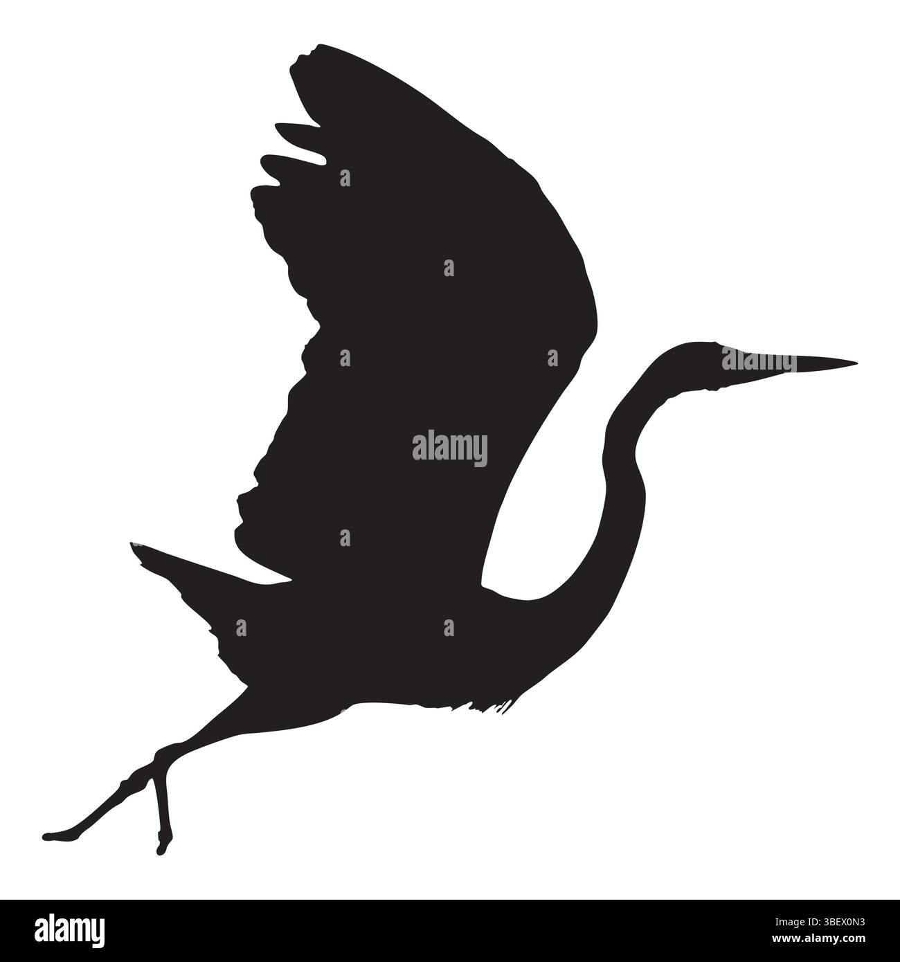 Silhouette di un airone in volo, ali allungate su uno sfondo bianco, grazioso uccello. Illustrazione Vettoriale