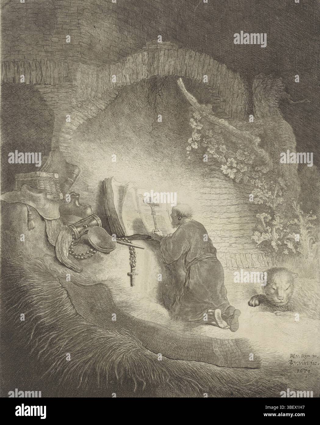 Rijn, Rembrandt van, Vliet, Jan Georg van, H. Hieronymus in Prayer, verso - timbrato, stampa, altezza 358 mm, larghezza 288 mm, Noord-Nederlands, 1610 - 1668, stampatore, 1631 - 1631, carta, incisione, incisione, incisione (processo di stampa), concetto di lavoro, 1606-07-15 - 1669-10-08 Foto Stock
