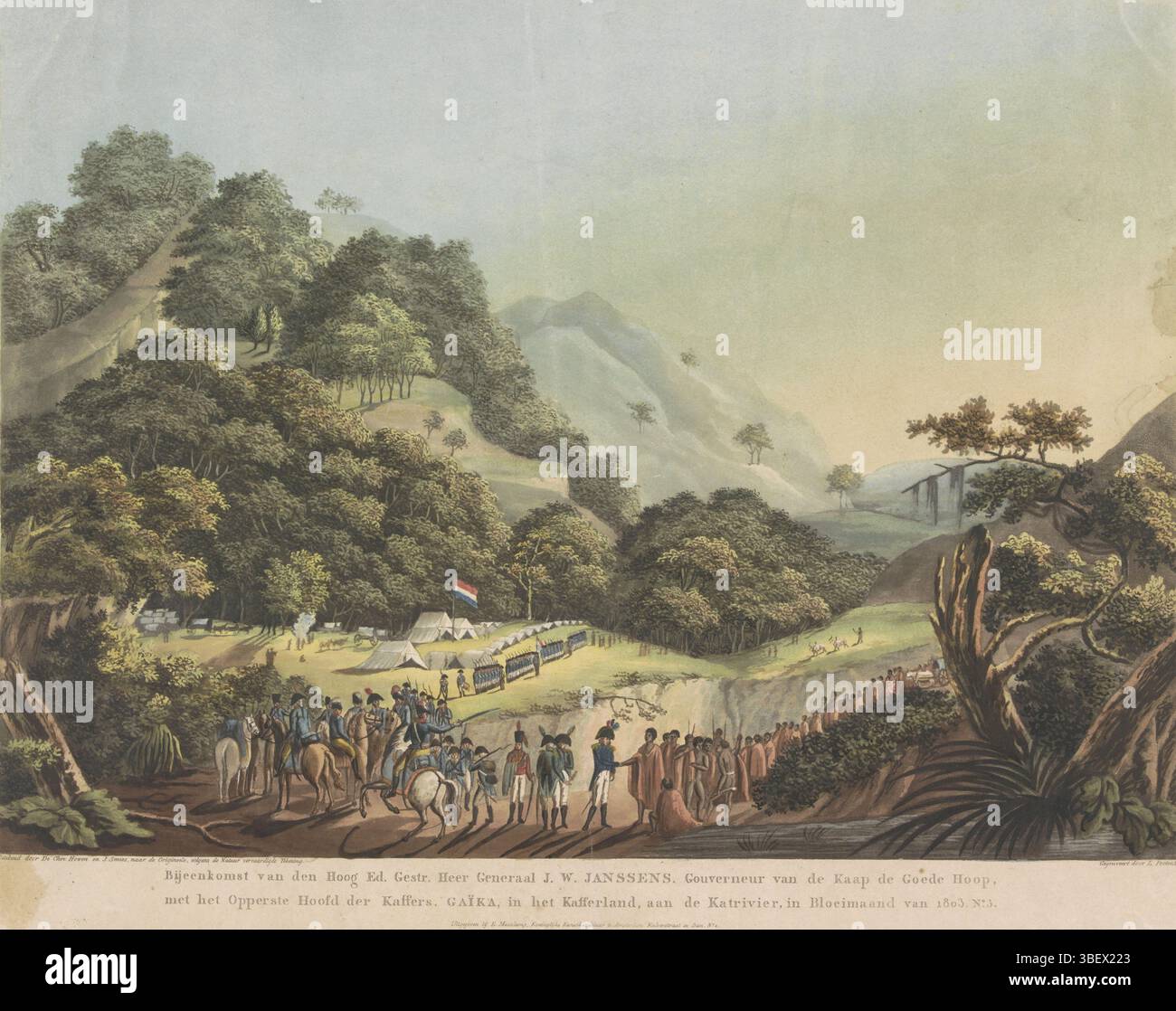 Amsterdam, Maaskamp, Evert, Smies, Jacob, Howen, otto Baron, Paesi Bassi, Portman, Ludwig Gottlieb, incontro con van den Hoog ed. Gestr. Lord generale J.W. Janssens. Governatore del Capo di buona speranza, con il Capo Supremo dei Kaffers. Gaika, nel Cafferland, sul Katrivier, nel mese di fioritura del 1803. 3, incontro tra il Governatore generale Janssens e il leader Xhosa Gaika, 1803, Amsterdam, Paesi Bassi, verso-timbrato, paesaggio con in primo piano l'incontro tra Jan Willem Janssens, Governatore generale del Capo di buona speranza, con Gaika (Ngqika), il leader Xhosa, maggio 1803. Entrambi Foto Stock