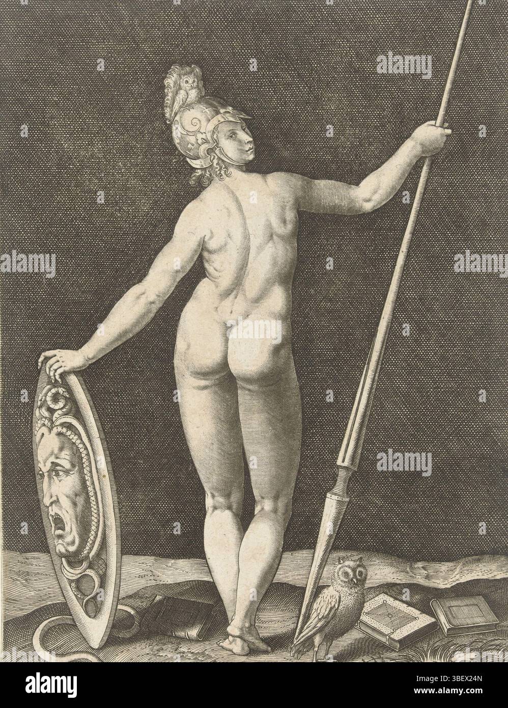 Anversa, Galle, Philips, Anversa, Collaert, Jan (II), sentenza di Parigi, Minerva, recto in basso a destra - scritto, De dea Minerva, vista da dietro. Ha il suo scudo in una mano e una lancia nell'altra. La stampa fa parte di una serie sul giudizio di Parigi., stampa, verso sotto - timbrato, 4426, altezza 212 mm, larghezza 158 mm, olandese meridionale (prima del 1775), 1566 - 1628-05-26, stampatore, 1576 - 1628, carta, incisione, incisione (processo di stampa), ideazione del lavoro, olandese meridionale, 1537 - 1612-03-29, per progettazione, pubblicazione (evento), pubblicazione, editore Foto Stock