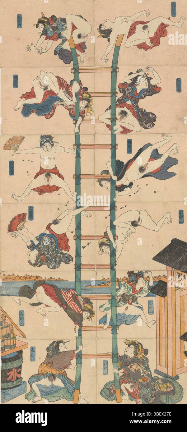 Kuniyoshi, Utagawa, serie di dodici koban Shunga con prostitute nel ruolo di pompieri acrobatici, serie di dodici stampe koban con dodici donne seminate che tirano tour acrobatici su una scala. Posizionati uno sopra l'altro da sei, i dodici fogli numerati formano una parodia di prestazioni simili di pompieri che tirano acrobazie da collo. Le iscrizioni sui secchi sulla seconda stampa inferiore a sinistra si riferiscono alla strada Nakanocho nel distretto di Yoshiwara - il distretto di prostituzione di Edo. Sotto di essa si trova la grande nave d'acqua che si trovava alla porta dello Yoshiwara; il cancello è acceso Foto Stock