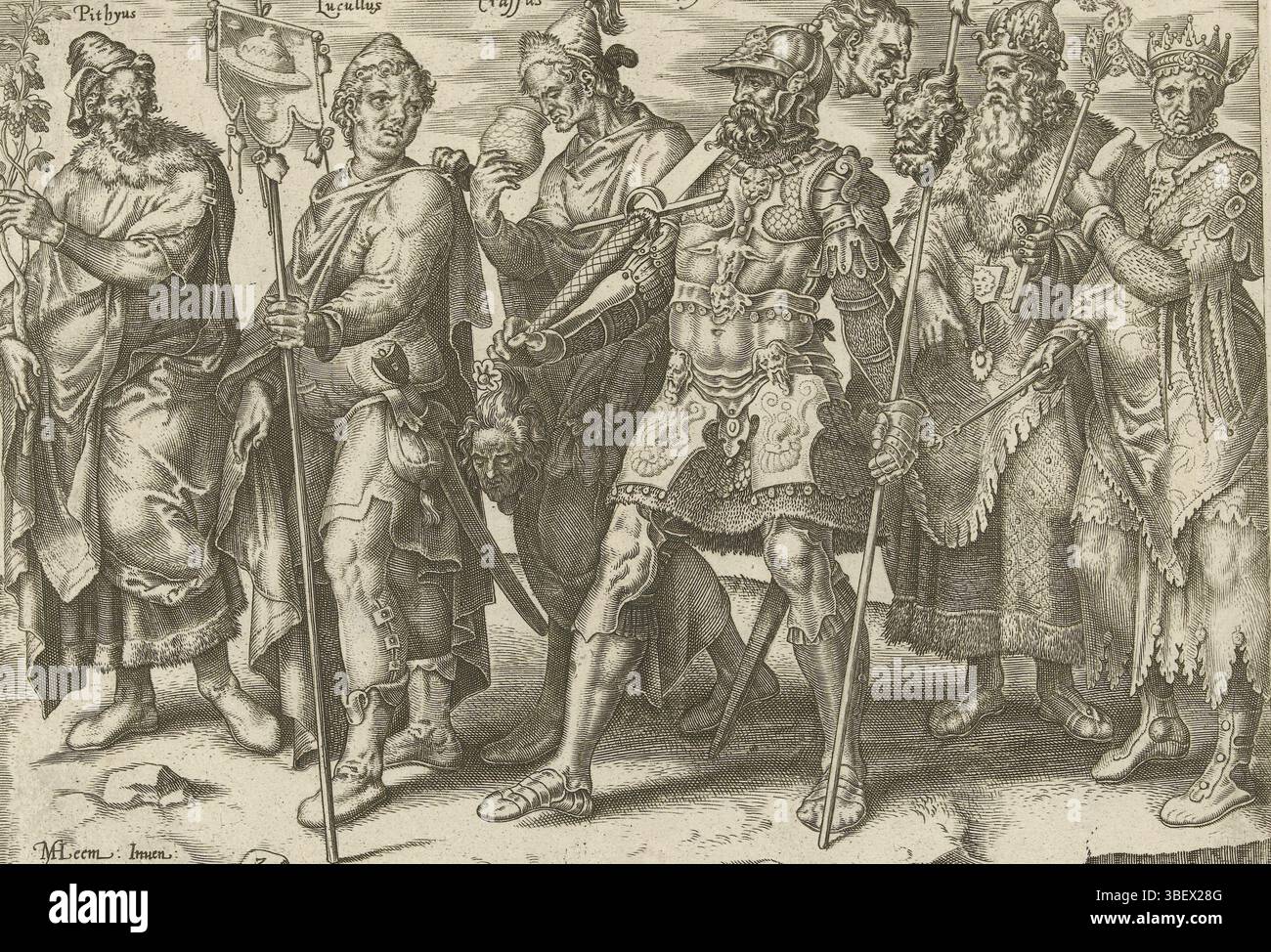 Haarlem, Junius, Hadrianus, Anversa, Galle, Philips, Haarlem, Heemskerck, Maarten van, la miseria della ricchezza, personaggi ricchi famosi e famigerati, verso il centro sotto - timbrato, Una sfilata di famosi esempi di ricchi antichi. Conduce alla processione Pitio, con in mano una vite buona e preziosa. Poi Lucullo, il ricco magistrato romano e glutton. Indossa uno striscione con una torta di pollo. Dietro di lui, Crasso, bevendo da una tazza. Questa è un'allusione alla sua sete di soldi e alla sua morte (soffocata nell'oro fuso). Dopo Crasso, il dittatore Silla viene con una spada e una lancia, Croesus AS Foto Stock