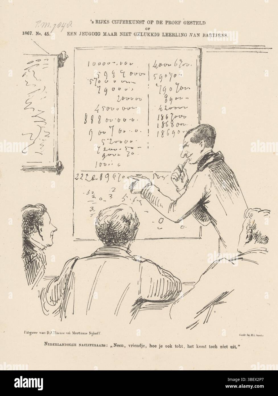Den Haag, Nijhoff, Martinus, Arnhem, Thieme, Dirk Anthonie, Paesi Bassi, Smits, H.L., Schmidt Crans, Johan Michaël, 's Rijks staatkunst onderstepen tekend o Un giovane ma non felice allievo di Bartjens, Spotprent al Ministro Schimmelpenninck, 1867, l'Aia, Paesi Bassi, Spotprent al Ministro delle Finanze R.J. Schimmelpenninck che cerca di fare un calcolo complesso su una lavagna. Plate apparve al settimanale De Nederlandsche Spectator, nr. 45, 9 novembre 1867., stampa, Frederik Muller Historical plates, altezza 275 mm, larghezza 215 mm, olandese, 1830-04-30 - 1907-11-14, stampatore, 1867 Foto Stock