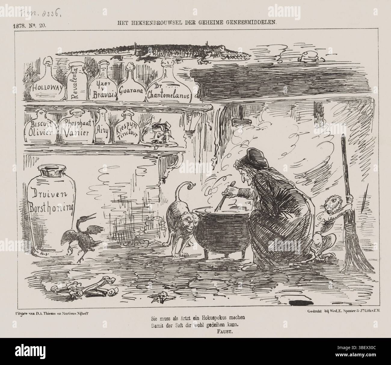 Den Haag, Nijhoff, Martinus, Arnhem, Thieme, Dirk Anthonie, Nederland, Spanier & Zn, vedova Elias, Schmidt Crans, Johan Michaël, Het witchenbrouwsel der secrete drugen, Spotprent, l'Aia, Paesi Bassi, Spotprent. Plate apparve al settimanale De Nederlandsche Spectator, nr. 20, 1878., stampa, Frederik Muller Historyplaten, altezza 215 mm, larghezza 275 mm, Nederlands, 1830-04-30 - 1907-11-14, stampatore, 1878 - 1878, carta, litografia (tecnica), tipografia, pubblicazione (evento), pubblicazione, 1830 - 1879, editore, editoria, pubblicazione (evento), 1826-12-26 - 1894-09-24, editore Foto Stock Den Haag, Nijhoff, Martinus, Arnhem, Thieme, Dirk Anthonie, Nederland, Spanier & Zn, vedova Elias, Schmidt Crans, Johan Michaël, Het witchenbrouwsel der secrete drugen, Spotprent, l'Aia, Paesi Bassi, Spotprent. Plate apparve al settimanale De Nederlandsche Spectator, nr. 20, 1878., stampa, Frederik Muller Historyplaten, altezza 215 mm, larghezza 275 mm, Nederlands, 1830-04-30 - 1907-11-14, stampatore, 1878 - 1878, carta, litografia (tecnica), tipografia, pubblicazione (evento), pubblicazione, 1830 - 1879, editore, editoria, pubblicazione (evento), 1826-12-26 - 1894-09-24, editore Foto Stock