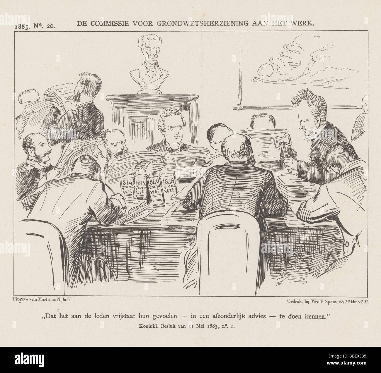 Den Haag, Nijhoff, Martinus, Nederland, Spanier & Zn, vedova Elias, Paesi Bassi, Schmidt Crans, Johan Michaël, la commissione per la revisione costituzionale al lavoro, Spotprent con la commissione per la revisione costituzionale, 1883, l'Aia, Spotprent con la commissione per la revisione costituzionale sotto la direzione del ministro Heemskerk. Plate apparve al settimanale De Nederlandsche Spectator, nr. 20, 1883., stampa, Frederik Muller Historyplaten, altezza 215 mm, larghezza 275 mm, Nederlands, 1830-04-30 - 1907-11-14, stampatore, 1883 - 1883, carta, litografia (tecnica), tipografia, pubblicazione (evento), Foto Stock Den Haag, Nijhoff, Martinus, Nederland, Spanier & Zn, vedova Elias, Paesi Bassi, Schmidt Crans, Johan Michaël, la commissione per la revisione costituzionale al lavoro, Spotprent con la commissione per la revisione costituzionale, 1883, l'Aia, Spotprent con la commissione per la revisione costituzionale sotto la direzione del ministro Heemskerk. Plate apparve al settimanale De Nederlandsche Spectator, nr. 20, 1883., stampa, Frederik Muller Historyplaten, altezza 215 mm, larghezza 275 mm, Nederlands, 1830-04-30 - 1907-11-14, stampatore, 1883 - 1883, carta, litografia (tecnica), tipografia, pubblicazione (evento), Foto Stock