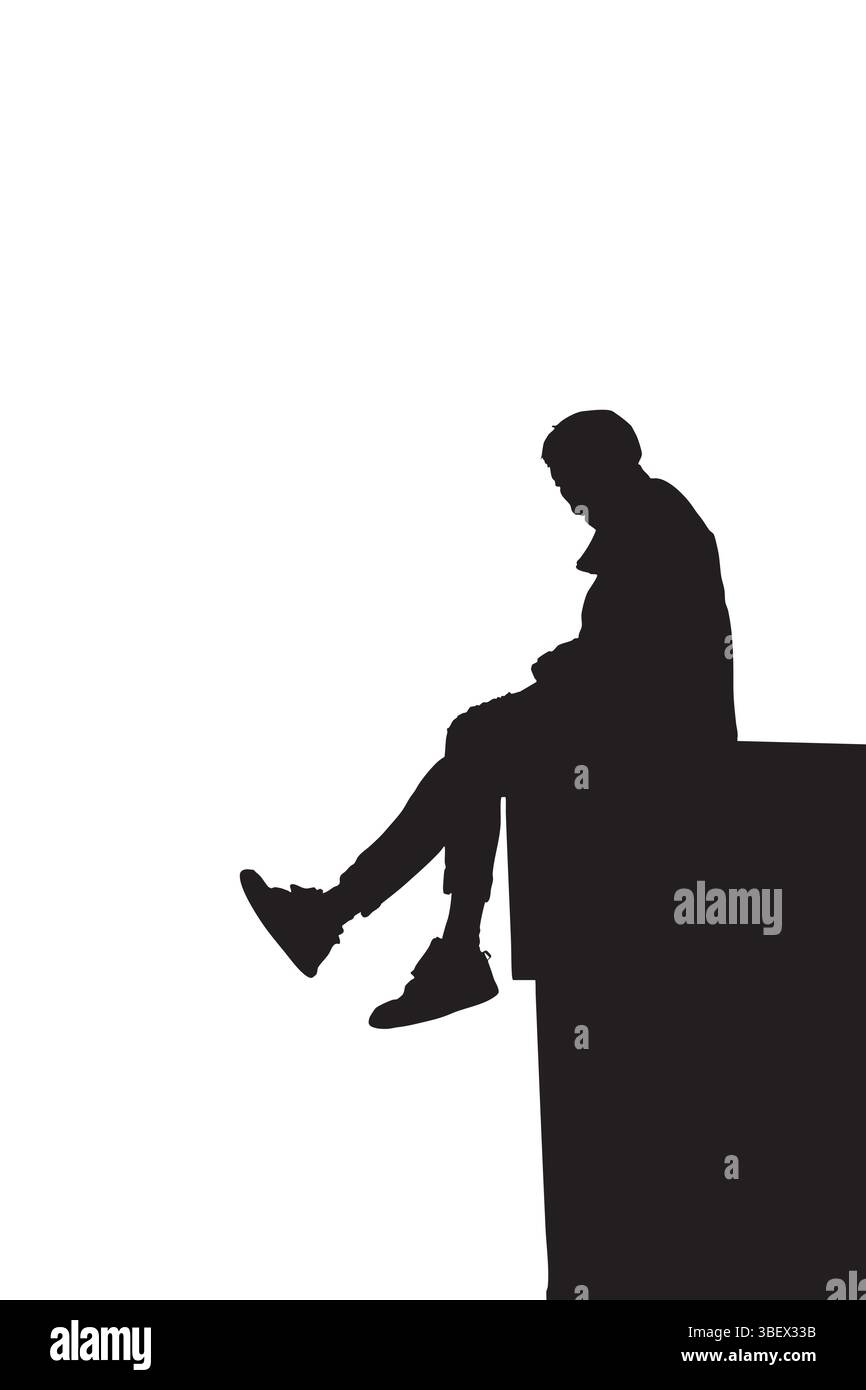 Silhouette di una persona seduta, le gambe penzolanti, catturata con un netto contrasto bianco e nero. Illustrazione Vettoriale