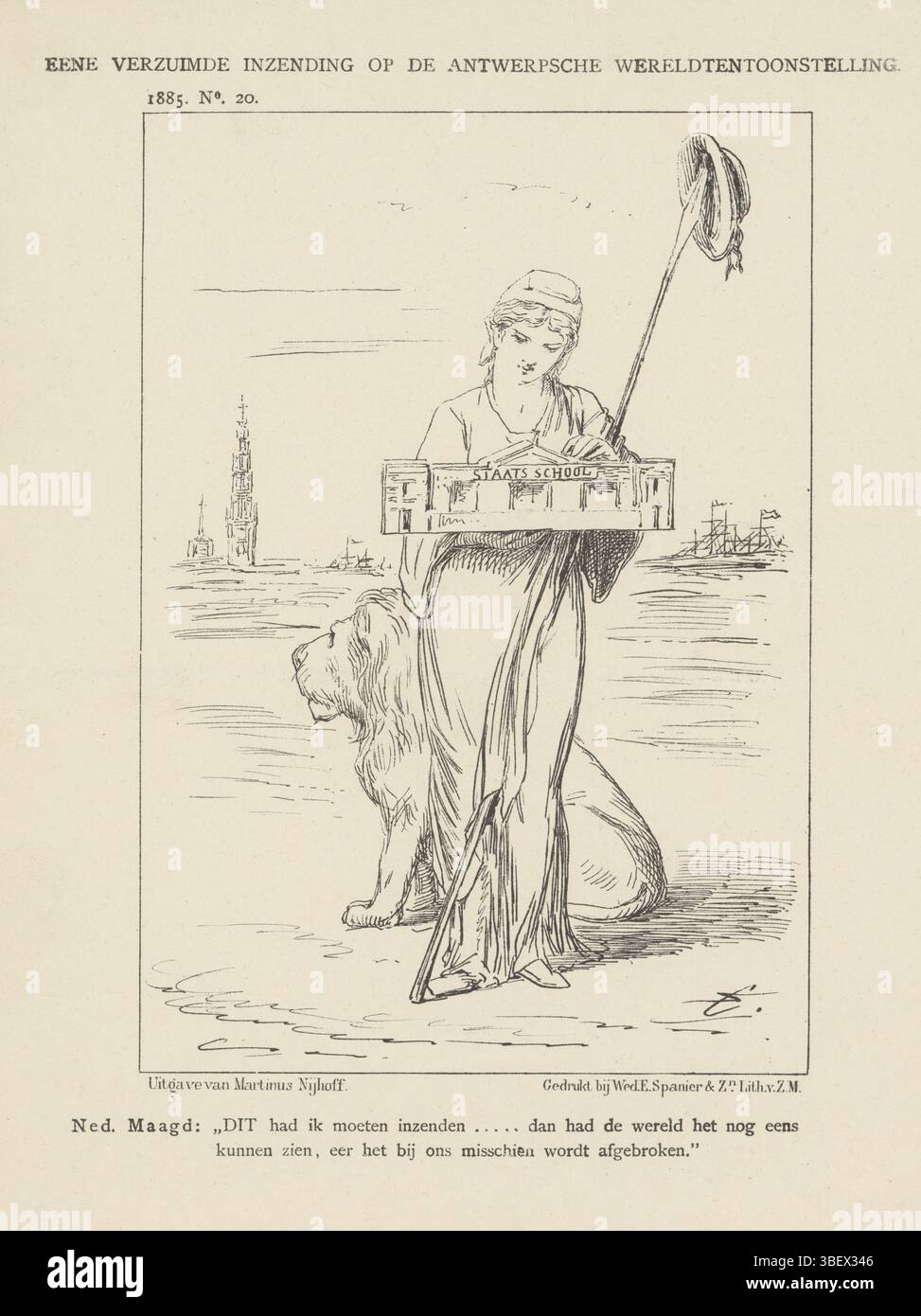 Den Haag, Nijhoff, Martinus, Nederland, Spanier & Zn, vedova Elias, Schmidt Crans, Johan Michaël, Eene onderwachting op de Antwerpsche Wereld Exhibition, Spotprent Over de Staatsschool, 1885, l'Aia, Paesi Bassi, Spotprent met de Nederlandse Maagd met een model van de Staatsschool. Plate apparve al settimanale De Nederlandsche Spectator, nr. 20, 1885., stampa, Frederik Muller Historical plates, altezza 275 mm, larghezza 215 mm, Nederlands, 1830-04-30 - 1907-11-14, stampatore, 1885 - 1885, carta, litografia (tecnica), stampante, pubblicazione (evento), pubblicazione, 1826-12-26 - 1894-09-24, pu Foto Stock Den Haag, Nijhoff, Martinus, Nederland, Spanier & Zn, vedova Elias, Schmidt Crans, Johan Michaël, Eene onderwachting op de Antwerpsche Wereld Exhibition, Spotprent Over de Staatsschool, 1885, l'Aia, Paesi Bassi, Spotprent met de Nederlandse Maagd met een model van de Staatsschool. Plate apparve al settimanale De Nederlandsche Spectator, nr. 20, 1885., stampa, Frederik Muller Historical plates, altezza 275 mm, larghezza 215 mm, Nederlands, 1830-04-30 - 1907-11-14, stampatore, 1885 - 1885, carta, litografia (tecnica), stampante, pubblicazione (evento), pubblicazione, 1826-12-26 - 1894-09-24, pu Foto Stock