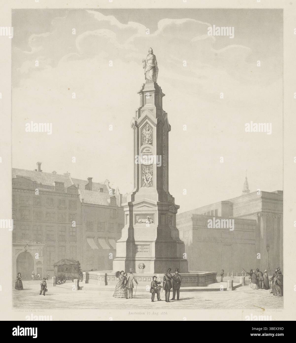 Nederland, Bommel, Elias Pieter van, Nederland, Taurel, Edouard, Memorial to the folk Spirit of 1830-1831, Paesi Bassi, verso - timbrato, Monument aan de volksgeest van 1830-1831 op de Dam te Amsterdam, consacrato il 27 agosto 1856., stampa, Frederik Muller Historieplaat, altezza 635 mm, larghezza 550 mm, olandese, 1824-03-25 - 1892-01-07, stampatore, 1856 - 1856, carta, incisione, incisione, incisione (processo di stampa), roulette, 1819-01-26 - 1890-06-02, stampatore Foto Stock
