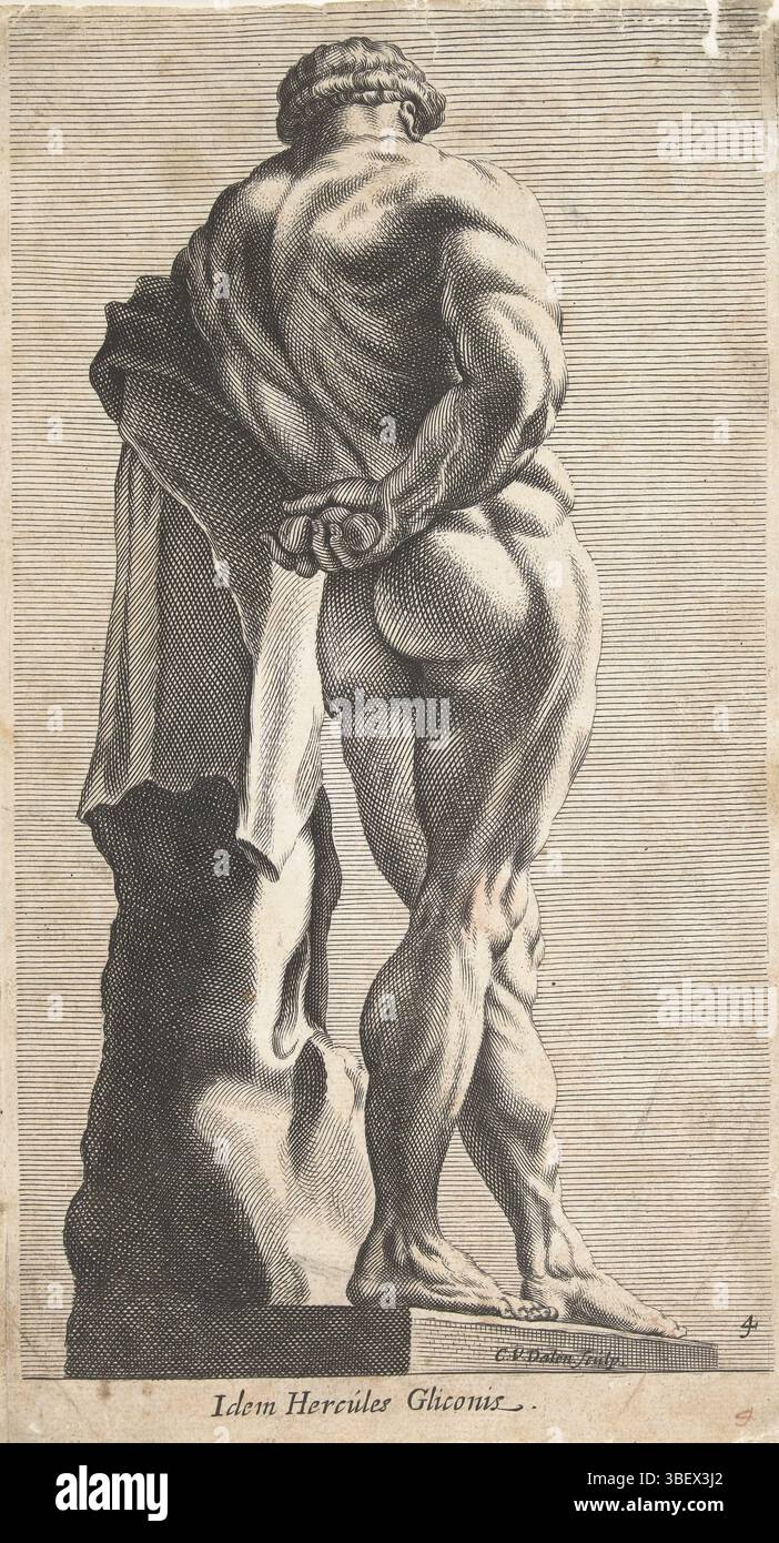 Perrier, Francois, Dalen, Cornelis van (i), immagine personale di cento delle statue più ingrandite o immagini antiche, in piedi a Roma, Idem Ercole Gliconis, statua di Ercole Farnese a Roma, stampato verso, altezza 227 mm, larghezza 125 mm, Noord-Nederlands, 1602 - 1665-04-07, stampatore, 1622 - 1665, carta, incisione, incisione (processo di stampa), concezione del lavoro, Frans, 1594 - 1649-11 Foto Stock