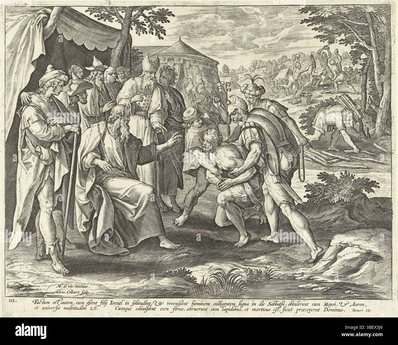 Anversa, Galle, Philips, Anversa, Vos, Maerten de, Collaert, Adriaen, Decalogvs cvm acerbissimis, dieci comandamenti, punizione dell'autore del reato di sabato: il terzo comandamento, verso il centro sotto - timbrato, Un uomo che era andato a raccogliere legna durante lo Shabbat prima che un incendio fosse portato davanti a Mosè (numeri 15:32-36). Questa è una violazione del terzo comandamento: "Ricorda il sabato". L'uomo è condannato a morte per lapidazione. La stampa ha una didascalia latina. La serie raffigura i dieci Comandamenti per mezzo di scene dell'Antico Testamento., stampa, altezza 194 mm, larghezza 242 mm, Sud-olandese (bef Foto Stock