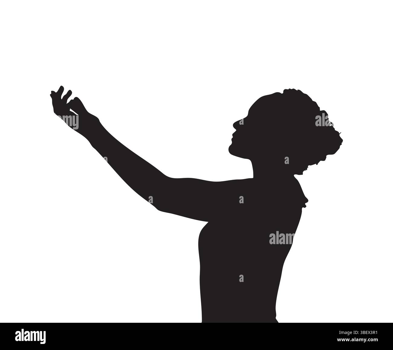 Silhouette di una donna con un braccio allungato, su un solido sfondo bianco. Contemplativo Illustrazione Vettoriale