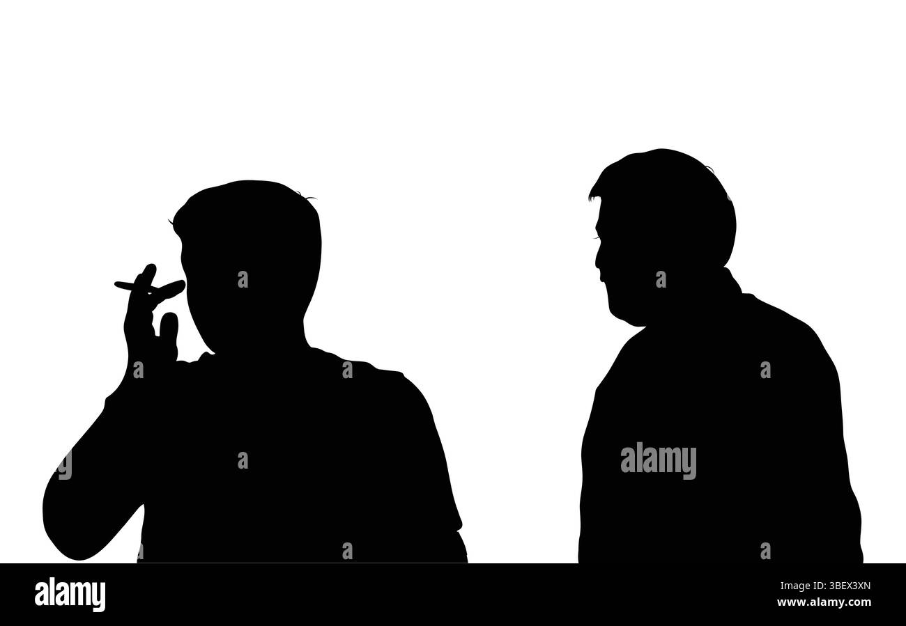 Figure sagomate in conversazione, una che tiene una sigaretta in una scena in bianco e nero. Illustrazione Vettoriale