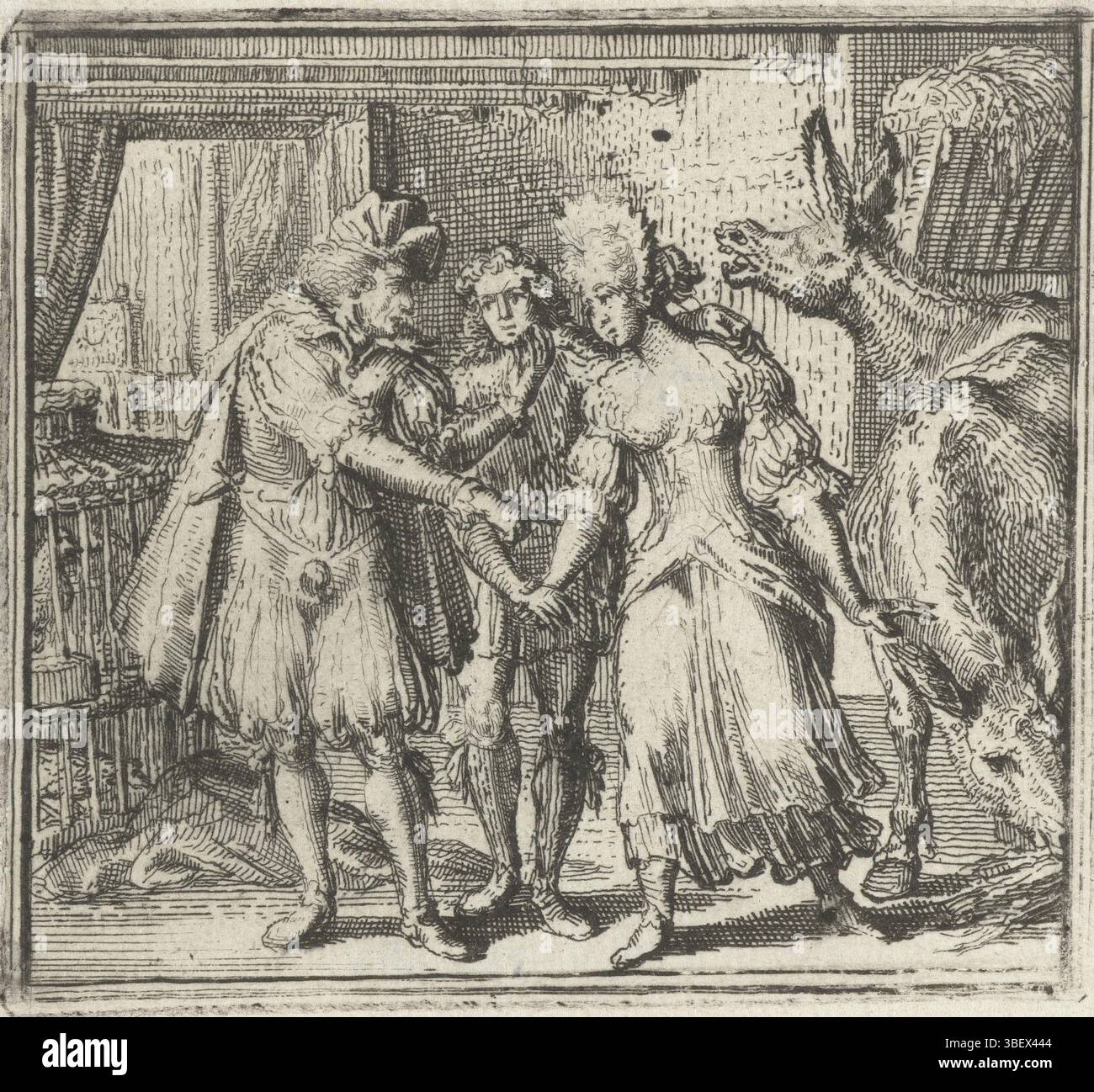 Hooghe, Romeyn de, Paesi Bassi, Hooghe, illustrazione per il Decamerone di Boccaccio, storia XLIX. Pieter da Vinciolo torna a casa e cattura sua moglie e il suo amante., stampa, illustrazione del libro, stampe, altezza 72 mm, larghezza 79 mm, Noord-Nederlands, 1645-09-10 - 1708-06-15, stampatore, 1697 - 1697, quarto quarto del XVII secolo, carta, incisione, concezione del lavoro, secondo il suo progetto Foto Stock