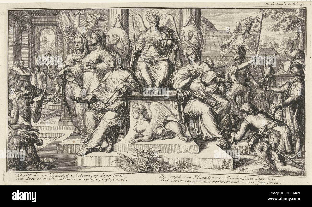 Hooghe, Romeyn de, Nederland, Hooghe, allegorie op de Rechtbank en de Generaliteit, Paesi Bassi, stampa, Frederik Muller Historyplaten, altezza 173 mm, larghezza 288 mm, Noord-Nederlands, 1645-09-10 - 1708-06-15, stampatore, 1705 - 1707, primo quarto XVIII secolo XVIII secolo, carta, incisione, concezione del lavoro, secondo il suo disegno Foto Stock