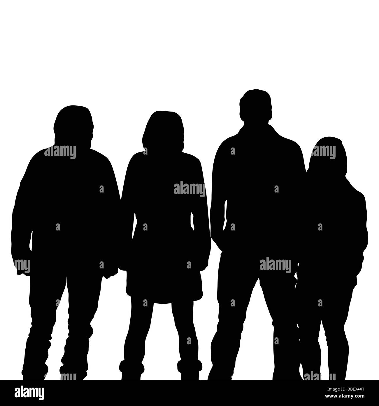 Quattro personaggi si uniscono in una silhouette che rappresenta una famiglia o un gruppo in una forma unificata. Illustrazione Vettoriale