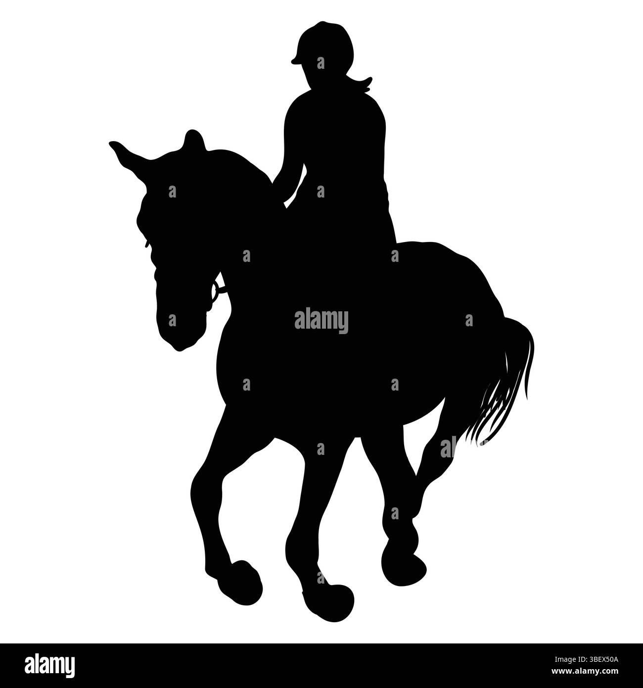 Silhouette di un cavaliere in cima a un cavallo, catturando l'essenza dello sport equestre e dell'equitazione. Illustrazione Vettoriale