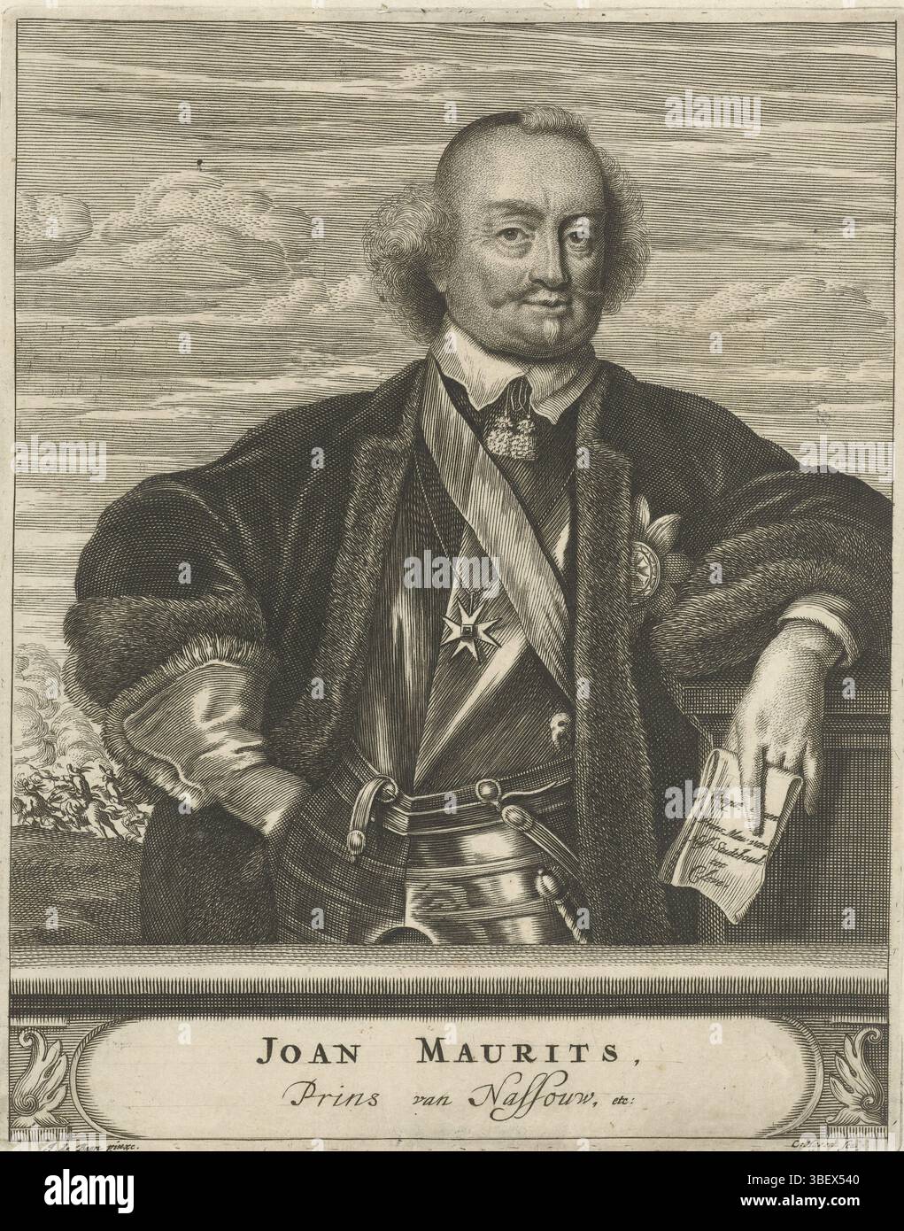 Baen, Jan de, Amsterdam, Hagen, Christiaan, ritratto di Johan Maurits, conte di Nassau-Siegen, verso middle - timbrato, Ritratto a metà strada di Johan Maurits, conte di Nassau-Siegen. Indossa un'armatura, con un cappotto rivestito di pelliccia e si appoggia con il braccio sinistro su una colonna. Nella mano sinistra tiene una lettera con i suoi titoli. Intorno al collo una collana con una croce maltese. Sullo sfondo è raffigurata una battaglia. Sotto il suo ritratto un zoccolo, su cui il suo nome e titolo in due righe in un cartiglio., stampa, altezza 199 mm, larghezza 157 mm, 1635 - 1707, stampatore, 1663 - 1695, carta, incisione, incisione Foto Stock