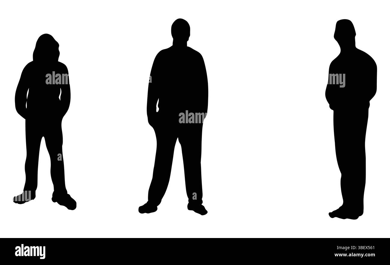 Le figure sagomate si mettono in fila, mentre le loro forme scure si scontrano con uno spazio luminoso e senza fiato. Illustrazione Vettoriale