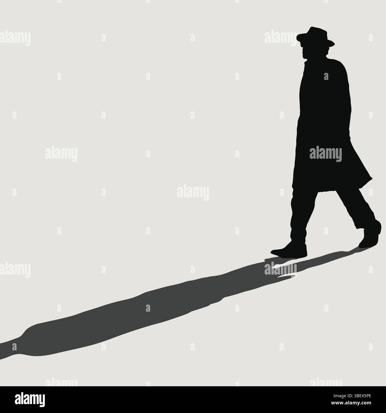Silhouette di una persona che cammina con un cappello e un cappotto, proiettando un'ombra su uno sfondo chiaro. Illustrazione Vettoriale