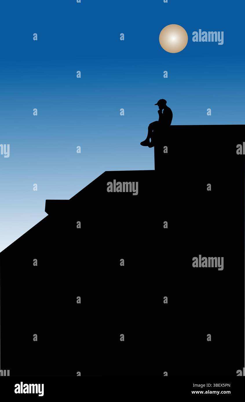 Sagoma di una persona seduta in cima a un edificio di notte, guardando la luna. Pezzo concettuale. Illustrazione Vettoriale