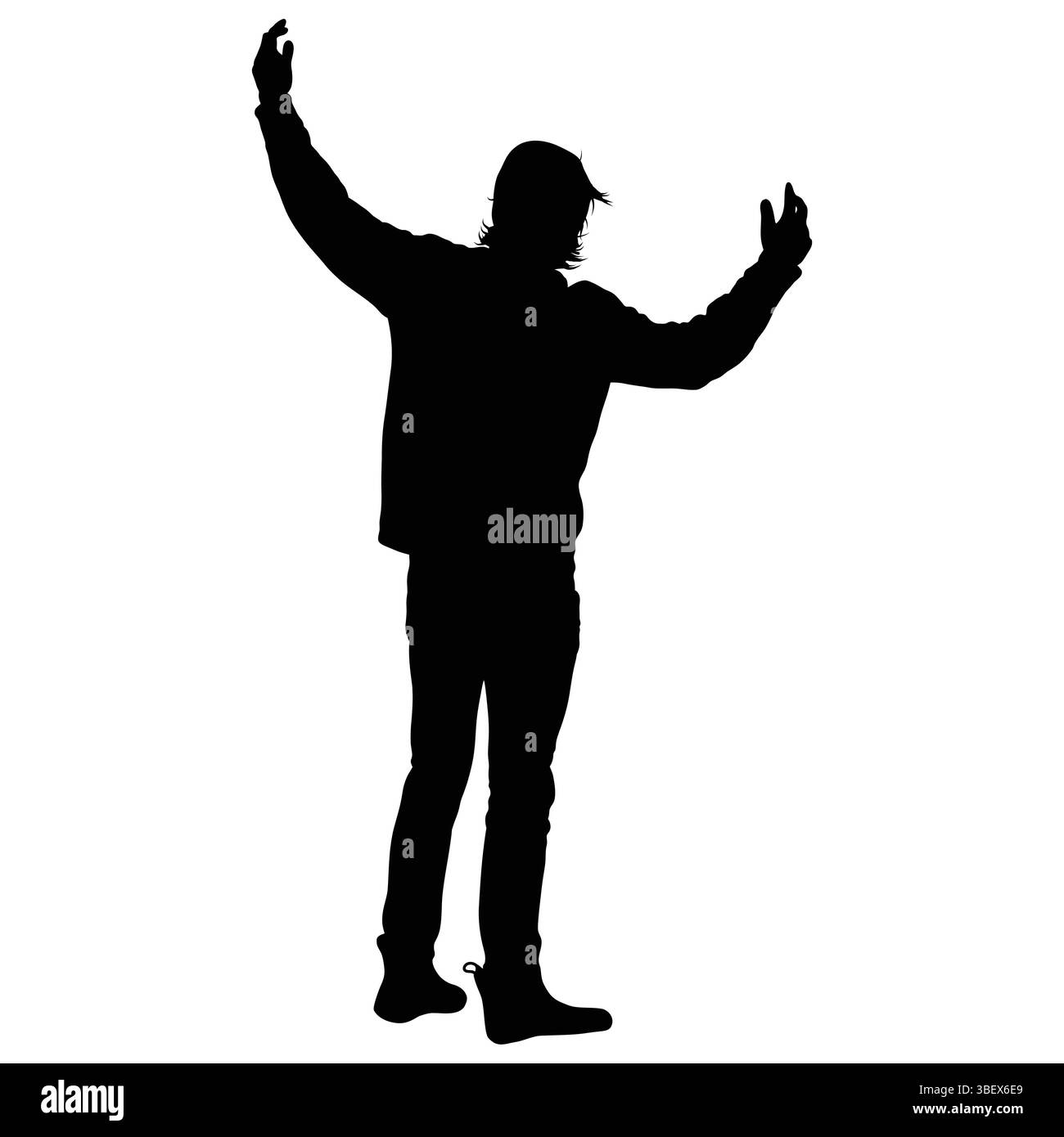 Silhouette di una persona con le braccia alzate, creando un netto contrasto con lo sfondo bianco. Illustrazione Vettoriale