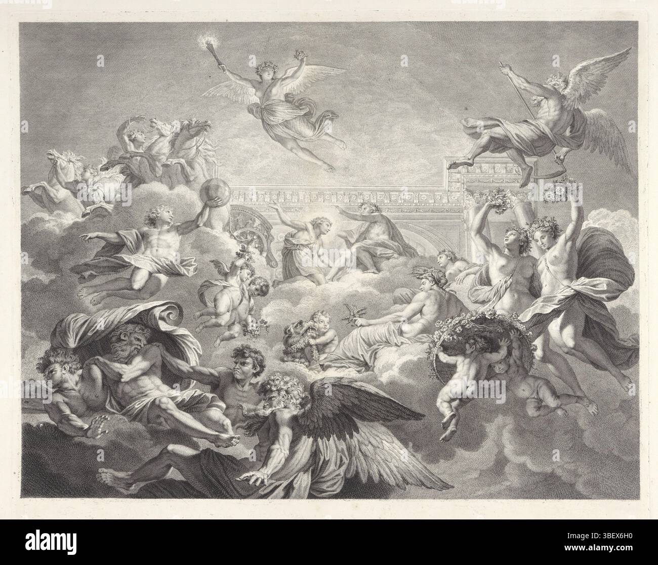 Parigi, Duchange, Gaspard, Lesueur, Eustache, Picart, Bernard, Parigi, Dupuis, Charles, Les peintures de Charles le Brun et d'Eustache le Sueur qui sont dans la maison du Président Lambert, Phaëton e Apollo, verso - timbrato, Phaëthon beggs il dio del sole Apollo per essere in grado di guidare l'auto del sole per un giorno. Apollo spalanca le mani sulla testa di suo figlio. A sinistra, gli uomini controllano i cavalli per il carro solare. Aurora, la dea dell'alba, vola nel mezzo della sua torcia. Padre giusto tempo con la sua falce, Cerere con le orecchie di mais, e le ore con i fiori nelle mani. Lasciato sotto i quattro venti. Al pa Foto Stock