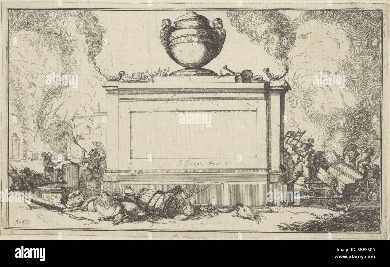 Sorious, Isaac, Sorious, titolo per serie di villaggi e castelli distrutti, serie di tredici immagini dei villaggi e castelli della provincia di Utrecht distrutti dai francesi nel 1672, titolo per la serie di tredici immagini dei villaggi e dei castelli della provincia di Utrecht distrutti dai francesi nel 1672. Lo spettacolo mostra un cartiglio non scritto sotto forma di una pietra commemorativa coronata da un'urna. Sulla pietra ci sono due luci a olio che bruciano e sono ossa umane. A sinistra e a destra le truppe francesi che saccheggiano. Le stampe delle rovine sono illustrate in 'Het Ontroerde Nederlandt Foto Stock
