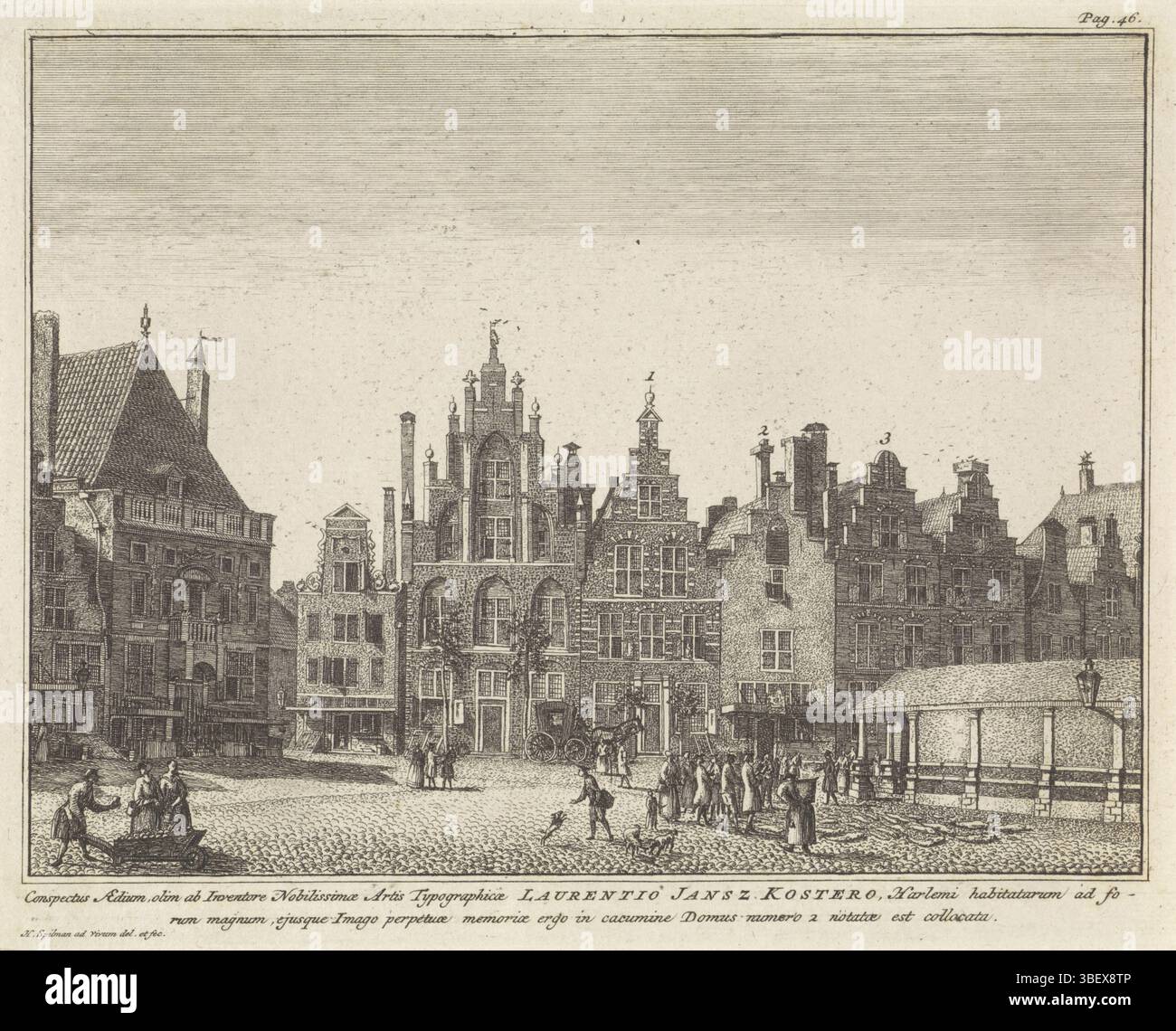 Haarlem, Spilman, Hendrik, Haarlem, veduta della casa di Laurens Jansz. Coster sul Grote Markt di Haarlem, verso il basso a sinistra - timbrato, Vista sul Grote Markt di Haarlem, con case sopra le quali sono indicati i numeri. In fondo a due righe in latino, in cui si afferma che la casa con il numero 2 sopra era la casa del presunto tipografo Laurens Jansz. Coster. In alto a destra: Pagina 46. Stampa, illustrazione del libro, stampe, altezza 159 mm, larghezza 200 mm, Noord-Nederlands, 1721-02-17 - 1784, stampatore, 1742 - 1784, carta, incisione, ideazione del lavoro, secondo il suo stesso progetto Foto Stock