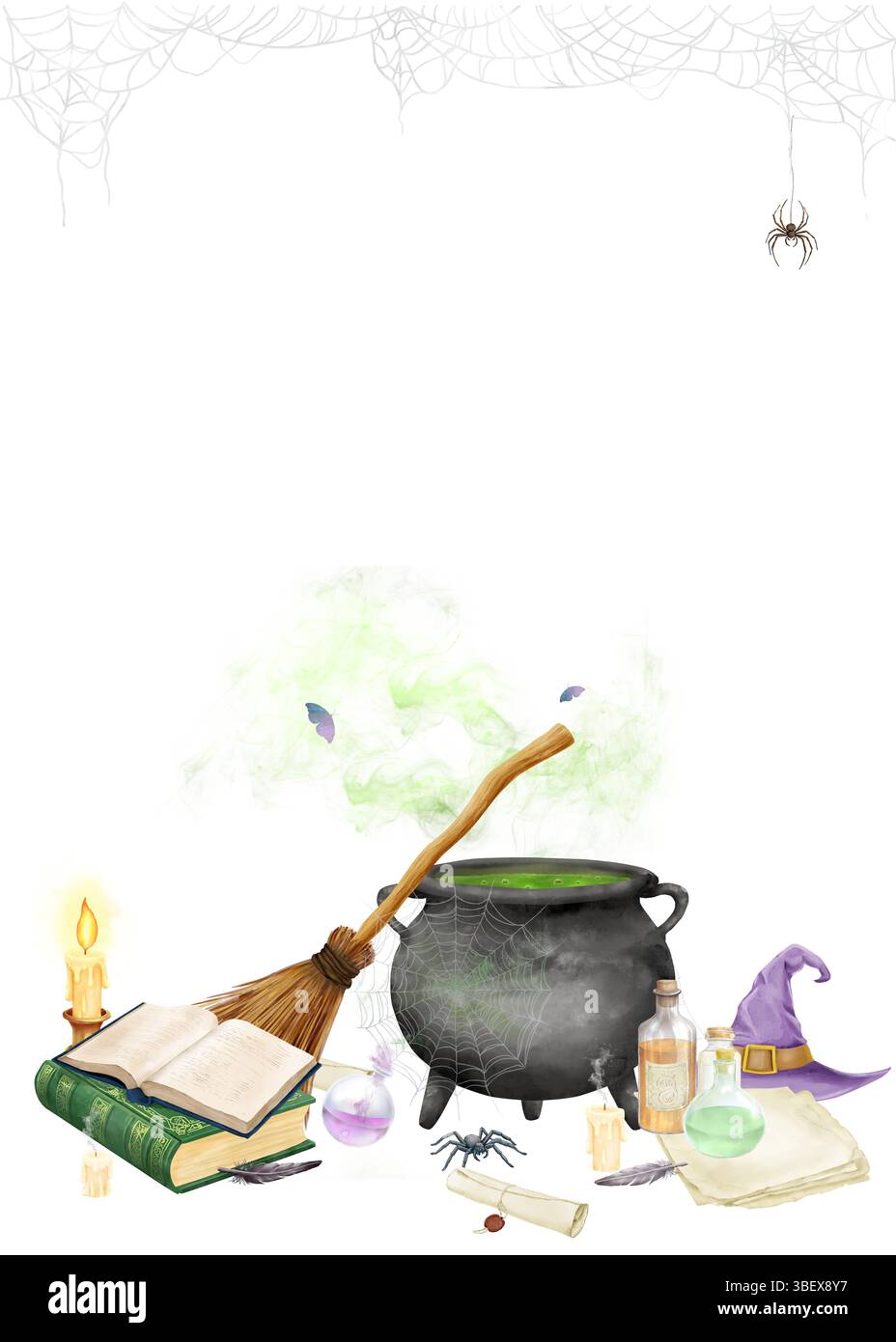 Un calderone di pozioni magiche, scopa e cappello di una strega, un antico rotolo e libri accanto ad esso. Illustrazione acquerello. Cartolina di Halloween con spide Foto Stock
