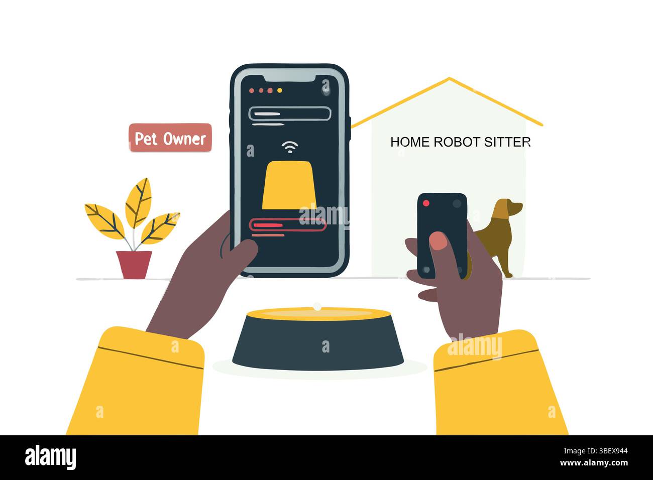 Il proprietario di animali domestici si prende cura del cane da remoto utilizzando l'app robot sitter per garantire sicurezza e benessere con un vettore piatto minimalista Illustrazione Vettoriale