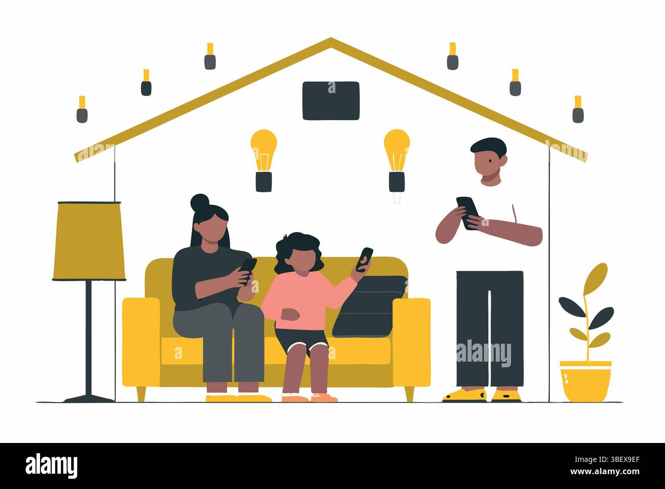 Una famiglia abbraccia lo stile di vita moderno e connesso nella sua casa luminosa e minimalista sui propri smartphone con accenti gialli e. Illustrazione Vettoriale