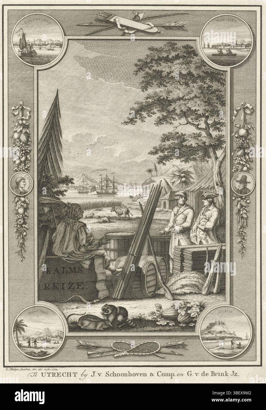 Utrecht, Brink Jansz, Godart van den, Utrecht, Schoonhoven, Johannes van, Philips, Caspar Jacobsz., Amsterdam, Homepage per: P. Kalm, Reis door Noord Amerika, 1772, incontro tra due esploratori e un indiano, verso in basso a destra - timbrato, paesaggio in Nord America con un incontro tra due esploratori e un indiano. Sullo sfondo le navi con cui sono arrivati i passeggeri. Lo spettacolo è contenuto in una cornice con sei medaglioni in cui: Un volto su Philadelphia, New York, Québec, Montréal e i ritratti di Cristoforo Colombo e William Penn., stampa, frontespizio, stampe, altezza 230 Foto Stock
