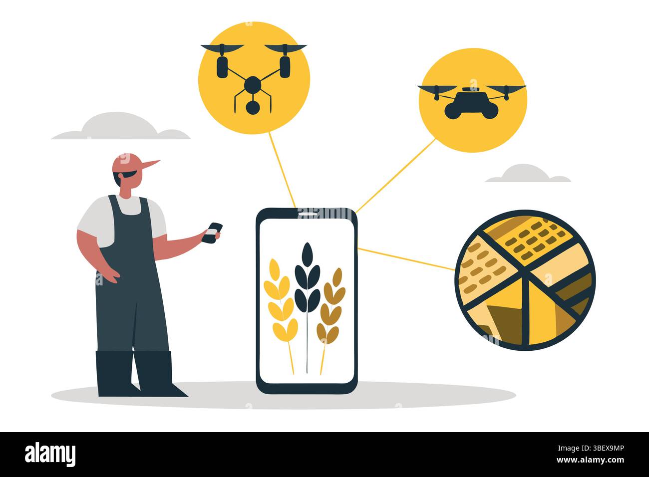 Agricoltore moderno che sfrutta la tecnologia dei droni per un'agricoltura di precisione e la gestione delle colture su uno smartphone con tecnologia luminosa Illustrazione Vettoriale