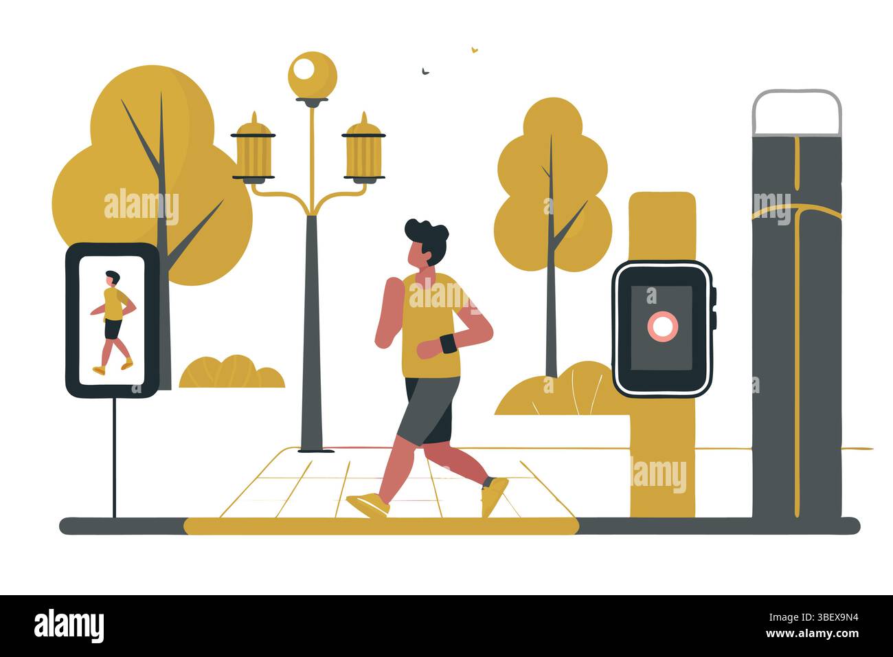 Un jogger corre attraverso un parco autunnale monitorando i gradini con uno smartwatch che abbraccia fitness e salute con un vettore piatto Illustrazione Vettoriale