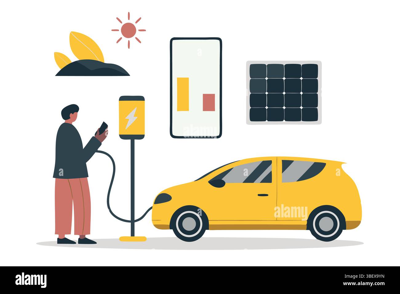 Stazione di ricarica Eco-friendly Car Energy Source trasporto veicoli elettrici mobilità sostenibile Clean Tech Illustrazione Vettoriale