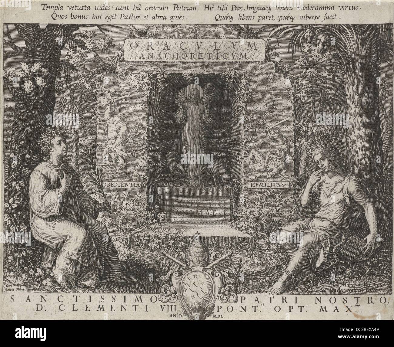 Sadeler, Raffaello (i), Sadeler, Johann (i), Vos, Maerten de, Venezia, Oracvlvm Anachoreticvm, Oraculum Anachoretic, Eremiti, Cristo come buon Pastore affiancato da Pax e Silentium, verso il fondo sinistro - stampigliato, Un giardino alberato. Le personificazioni Pace (Pax) e silenzio (Silentium) in primo piano. Sullo sfondo, al centro del quadro, viene stampata l'immagine di Cristo come buon Pastore, con un agnello sulle spalle. A sinistra, un sollievo con il sacrificio di Isacco da parte di Abramo. Proprio accanto a lui un sollievo con la decapitazione di Golia da parte di Davide. Il testo ha una didascalia latina con th Foto Stock