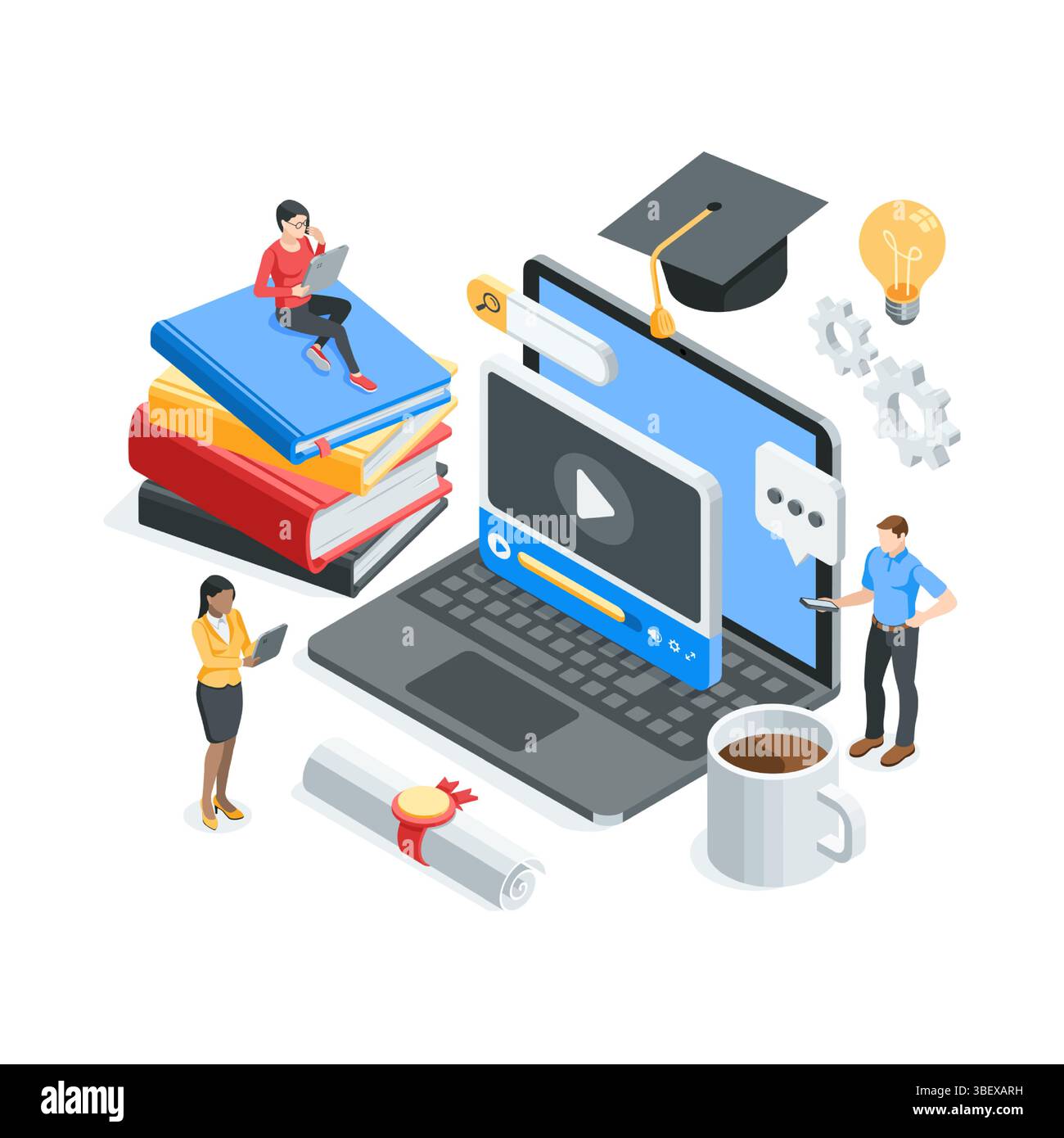 illustrazione vettoriale isometrica sul tema dell'istruzione e dei corsi online, a colori su sfondo bianco, persone con tablet e smartphone vicino a Illustrazione Vettoriale