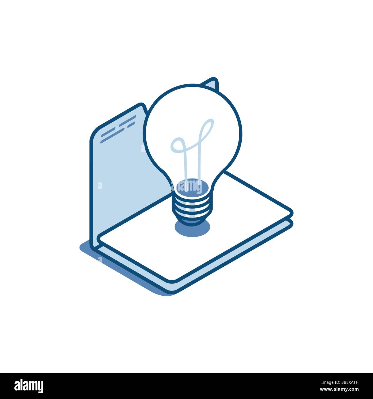 icona lineare vettoriale isometrica della lampadina nella cartella aperta, a colori su sfondo bianco, idea di lavoro o documentazione Illustrazione Vettoriale