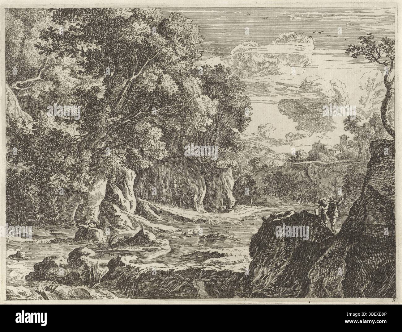 Amsterdam, Visscher, Nicolaes (i), Swanevelt, Herman van, Verscheyde aerdige lanternschapen, Rivierlandschap met biede figeren, Amsterdam, verso left-under - timbrato, due figure si stagliano su una roccia vicino a un fiume., stampa, altezza 155 mm, larghezza 204 mm, stampatore, 1643 - 1679, carta, incisione, concezione del lavoro, Noord-Nederlands, 1604 - 1655, naar print van, pubblicazione (evento), pubblicazione, 1618-01-25 - 1679, editore Foto Stock