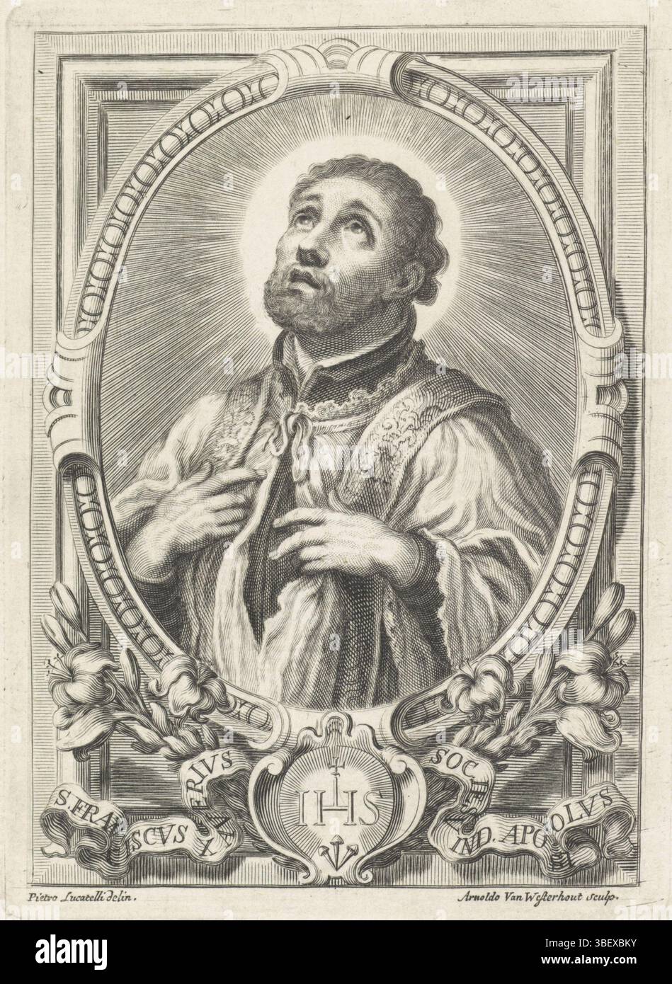 Locatelli, Pietro, Italia, Westerhout, Arnold van, h. Franciscus Xavier, Ritratto di San Francisco Xavier. Sotto la cornice dei suoi gigli ritratti, un cartiglio con il monogramma dei Gesuiti e una banchina con un'iscrizione in latino., stampa, altezza 139 mm, larghezza 100 mm, olandese meridionale, 1651-02-21 - 1725-04-18, stampatore, 1665 - 1725, carta, incisione, incisione (processo di stampa), incisione, 1644 - 1710-08-19, drammaturgo intermedio Foto Stock