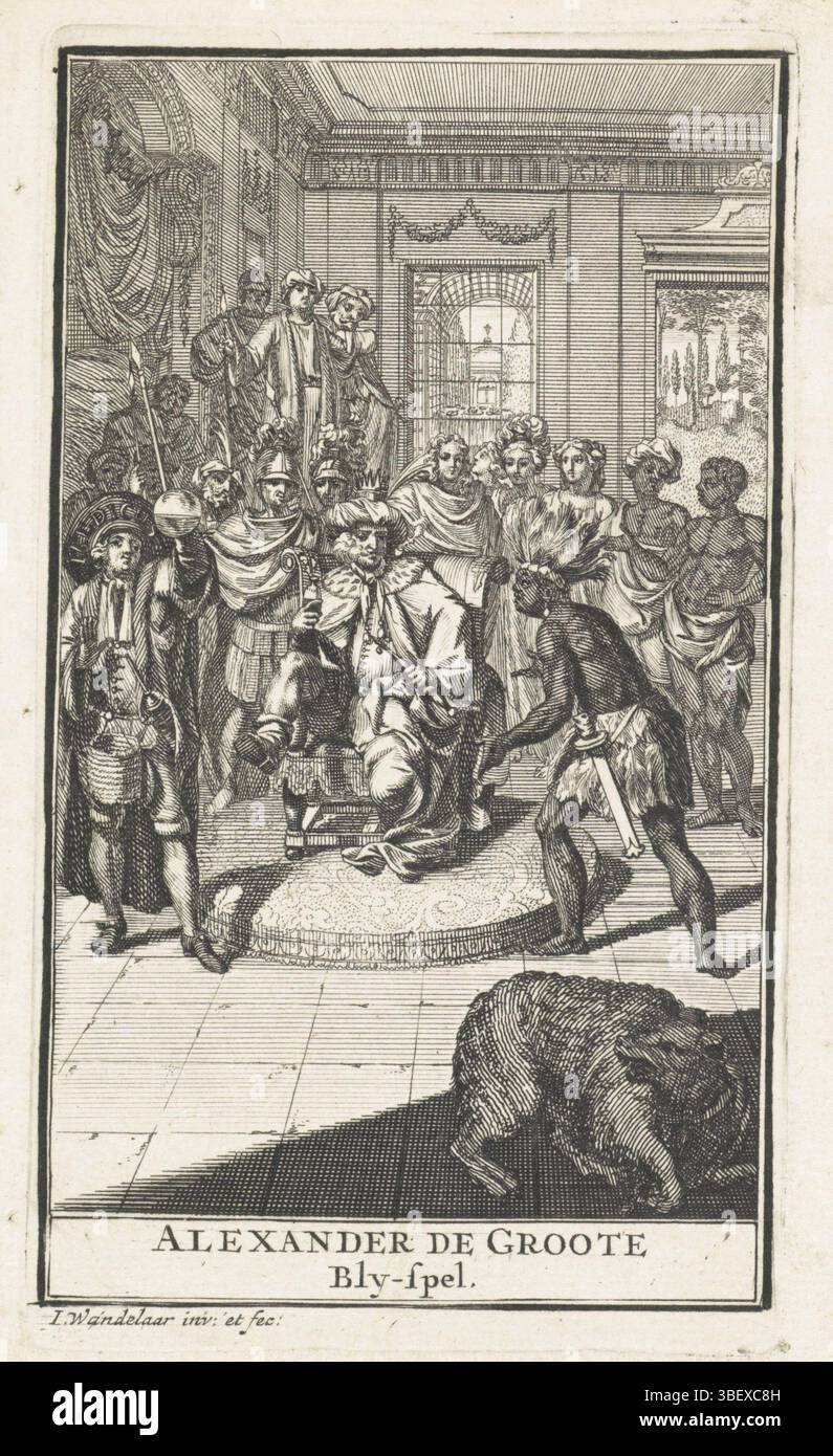 Paesi Bassi del nord, Wandelaar, Jan, Paesi Bassi del nord, Home Page per: Langendijk, Pieter. Krelis Louwen, o Alexander de Groote al Poëetemaal: Rosy blyspel, s.a., indiano per un uomo in trono, recto setup sheet - scritto a mano, Krelis Louwen siede su un trono nella casa di campagna di Ferdinando supponendo che sia Alessandro Magno. Nella sua mano tiene un tubo ed è circondato dal suo presunto effetto. Davanti a lui c'è l'indiano Henry, un uomo di colore con un copricapo. Il medico è sulla sinistra. Proprio in primo piano c'è un cane. Il foglio di layout contiene una descrizione della scena mostrata., stampa, frontespizio, Foto Stock