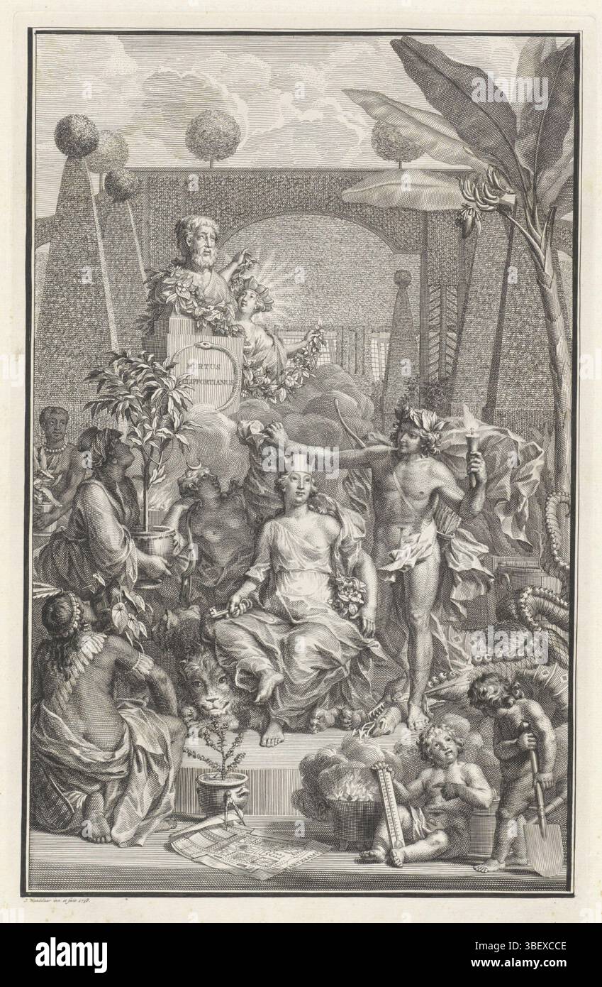 Wandelaar, Jan, Warmond, Wandelaar, Home Page: C. Linneo, Hortus Cliffortianus, 1738, varie figure allegoriche nel giardino di George Clifford, frontespizio allegorico con al centro la "madre della terra" Cibele, sedeva su un leone e una leonessa, con le chiavi del giardino in mano. Ai suoi piedi una pentola con Cliffortia ilicifolia e una mappa del giardino dell'Hartekamp. Sulla sinistra una donna africana le offre un'Aloe dall'Africa, una donna con un turbante le porta una pianta del caffè arabica dall'Asia e un indiano offre Hernandia dall'America. Su un piedistallo su cui il titolo in latino, a Foto Stock