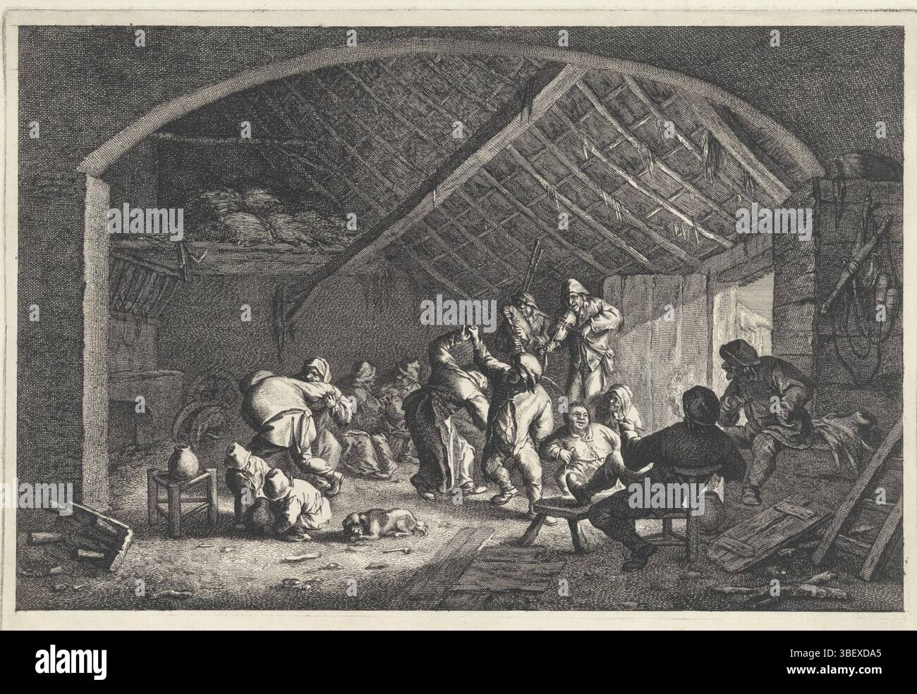 Ostade, Adriaen van, Noordelijke Nederlanden, Visscher, Jan de, Boerendans in een fienile, Paesi Bassi settentrionali, verso - timbrato, in un fienile accompagnato dal gioco di un suonatore di cornamusa e un violinista viene ballato esuberante da diverse coppie. Altri guardano, fumano la pipa o fanno conversazione., stampa, altezza 262 mm, larghezza 359 mm, Noord-Nederlands, 1633 - 1692, stampatore, 1643 - 1692, carta, incisione, 1610-12-19 - 1685-04-28 Foto Stock