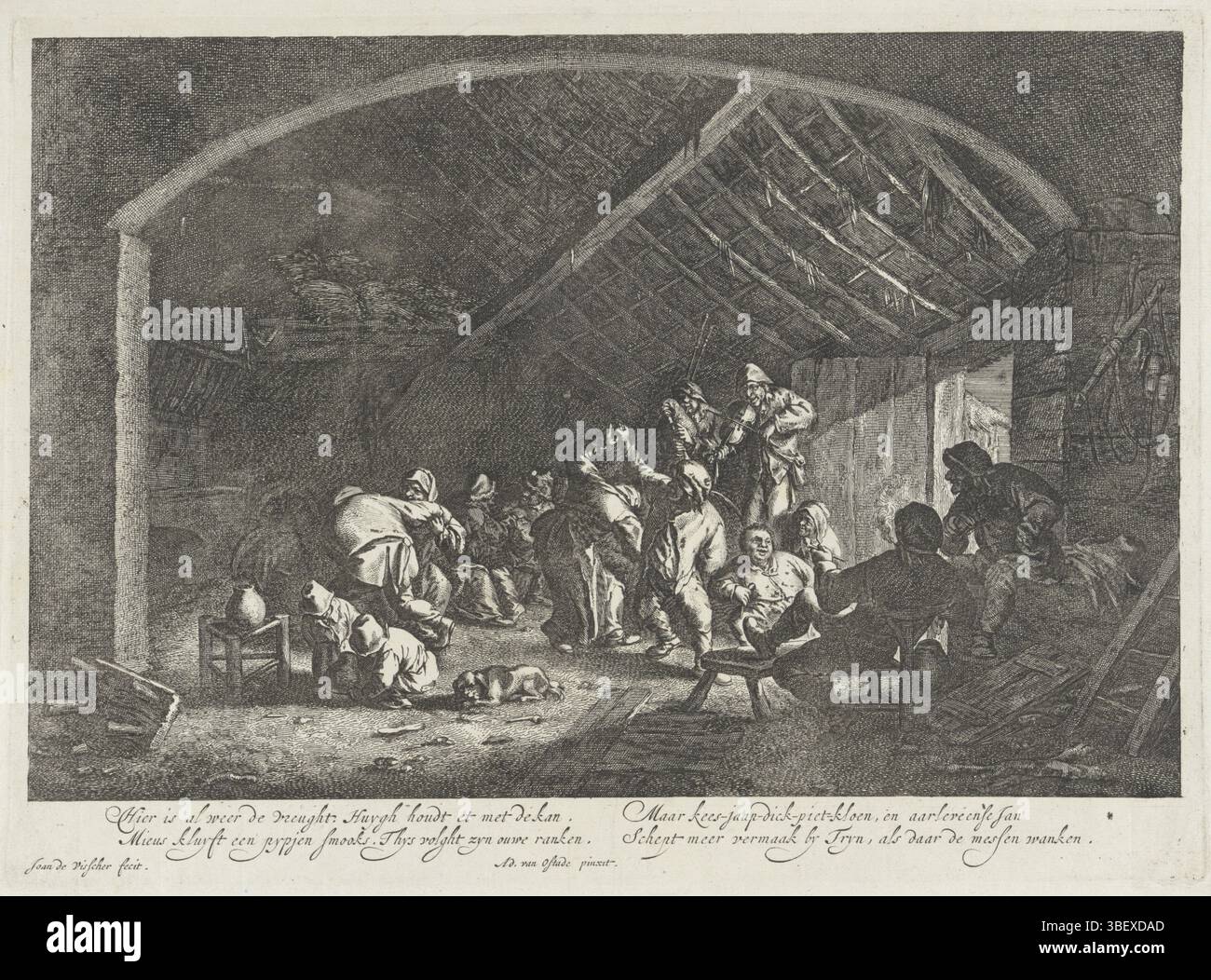 Ostade, Adriaen van, Noordelijke Nederlanden, Visscher, Jan de, Boerendans in een fienile, Paesi Bassi settentrionali, verso - timbrato, in un fienile accompagnato dal gioco di un suonatore di cornamusa e un violinista viene ballato esuberante da diverse coppie. Altri guardano, fumano la pipa o fanno conversazione., stampa, altezza 262 mm, larghezza 359 mm, Noord-Nederlands, 1633 - 1692, stampatore, 1643 - 1709, carta, incisione, paesi Bassi settentrionali, 1610-12-19 - 1685-04-28 Foto Stock